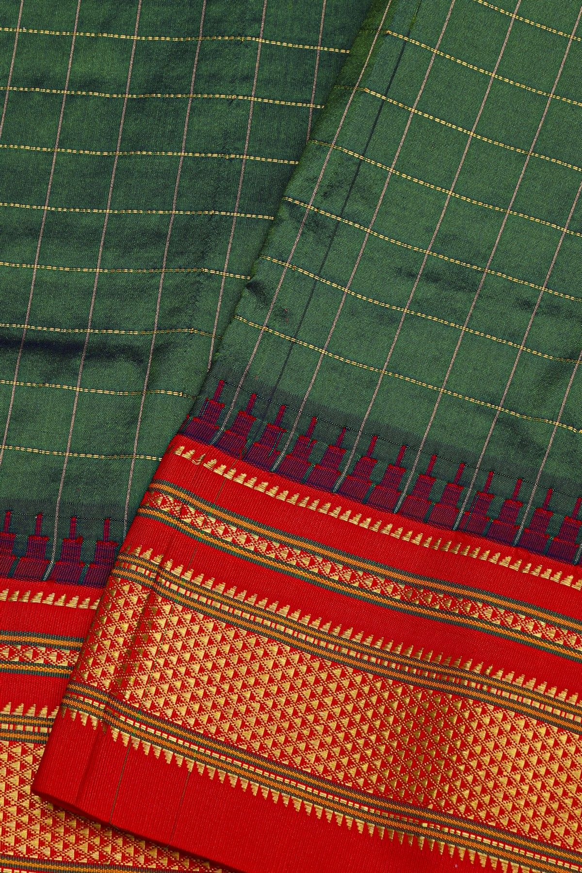 Narayanpet Silk Bottle Green Saree With Diamonds In Zari Border