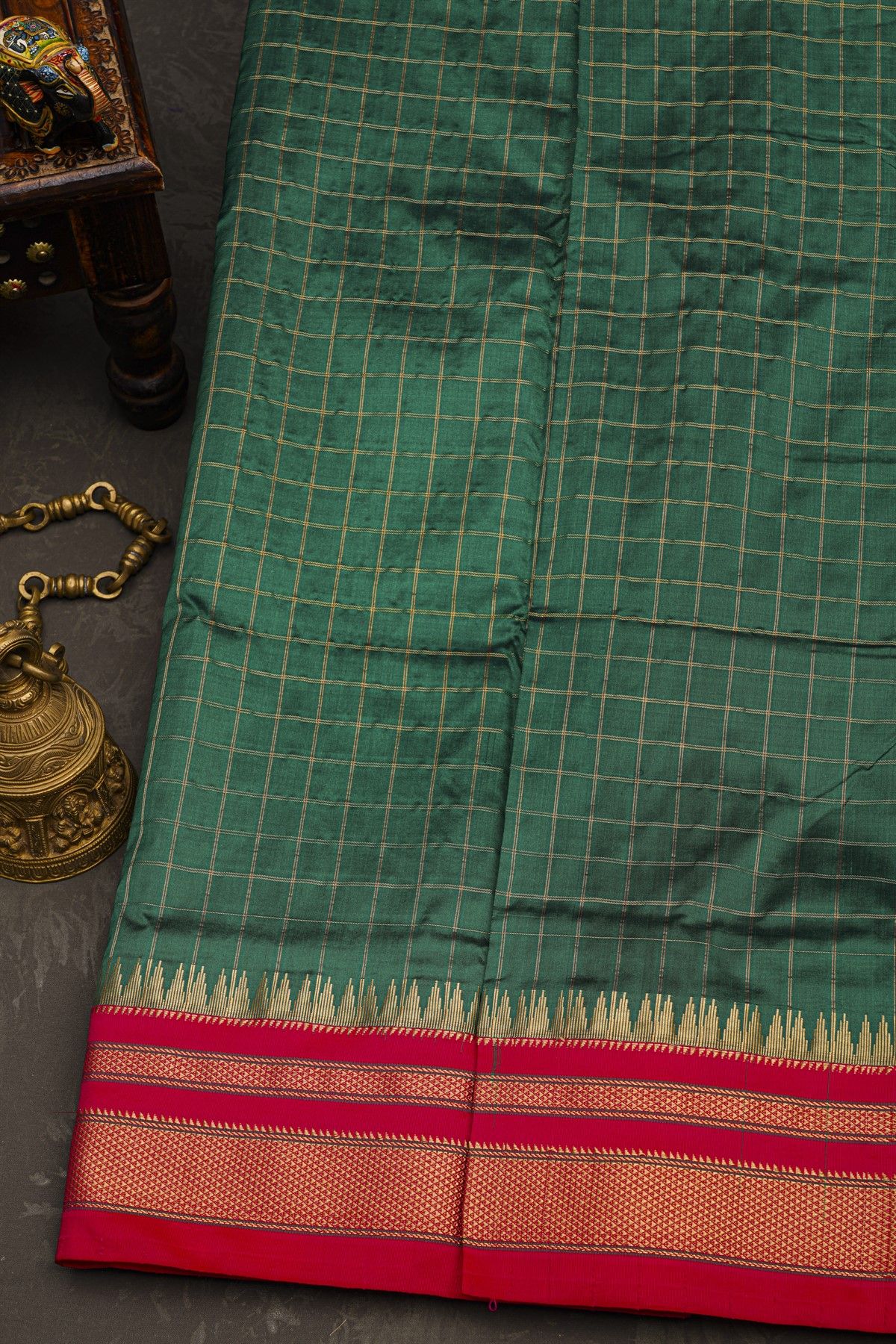 Narayanpet Silk Bottle Green Saree With Diamonds In Zari Border
