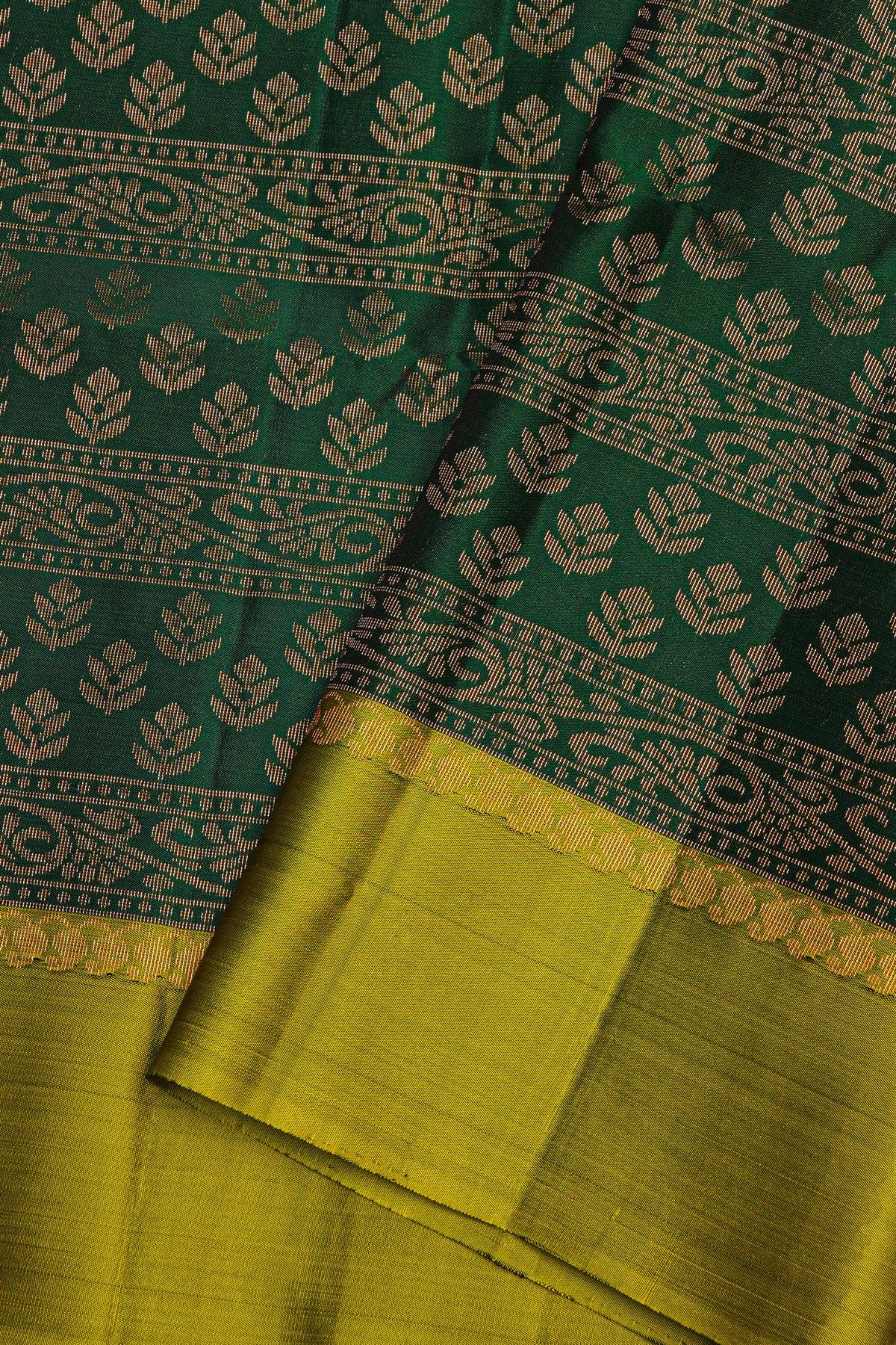 Coimbatore Silk Bottle Green Saree With All Over Florals And Zari Lines
