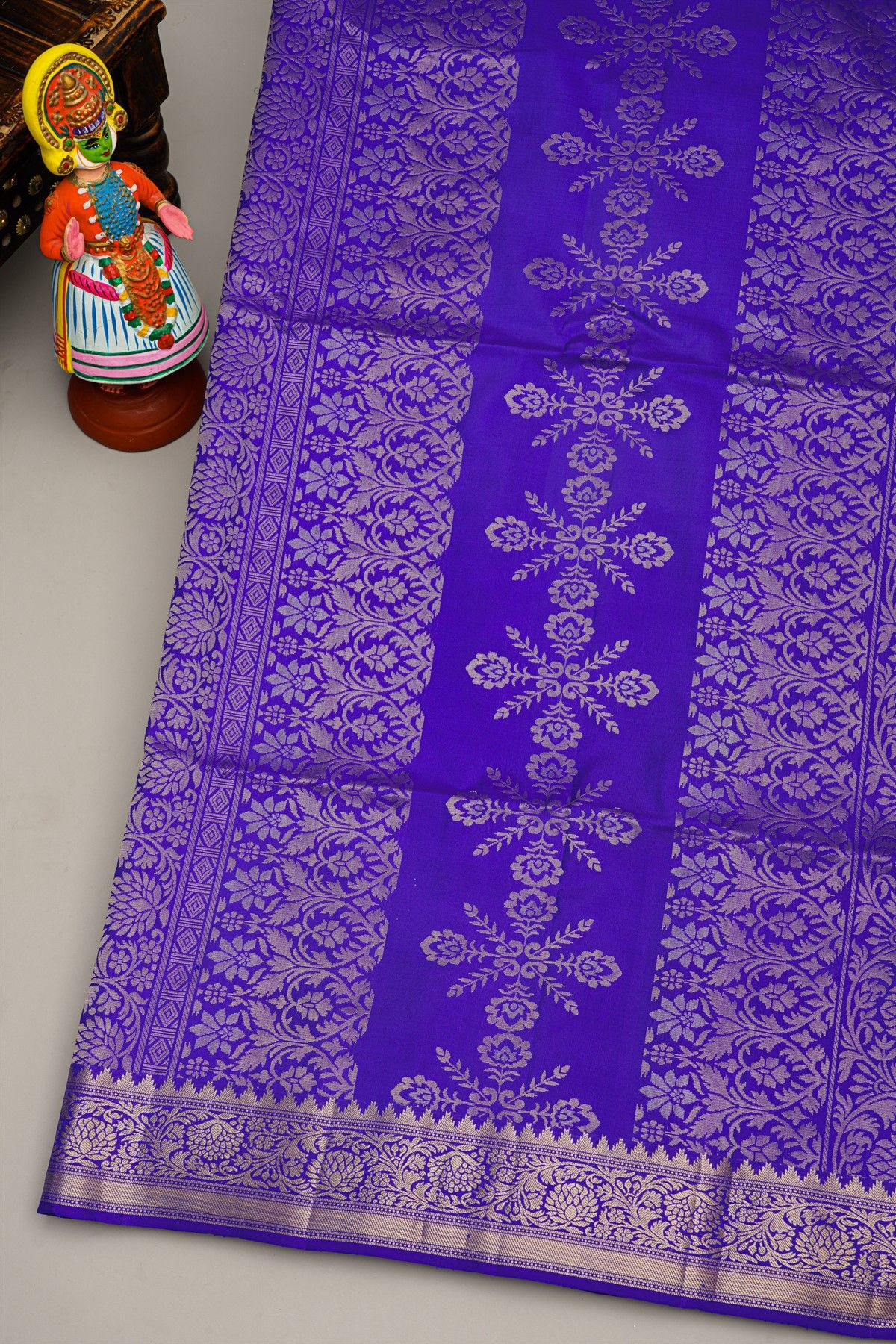 Coimbatore Silk Royal Blue Saree With Florals And Leaves Jaal Border