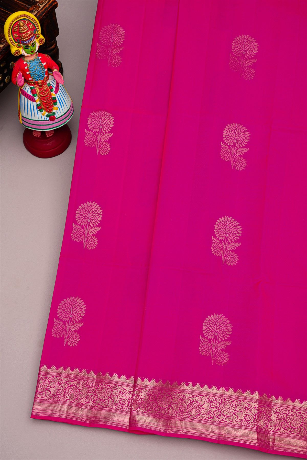 Coimbatore Silk Rani Pink Saree With Florals And Leaves Jaal Border