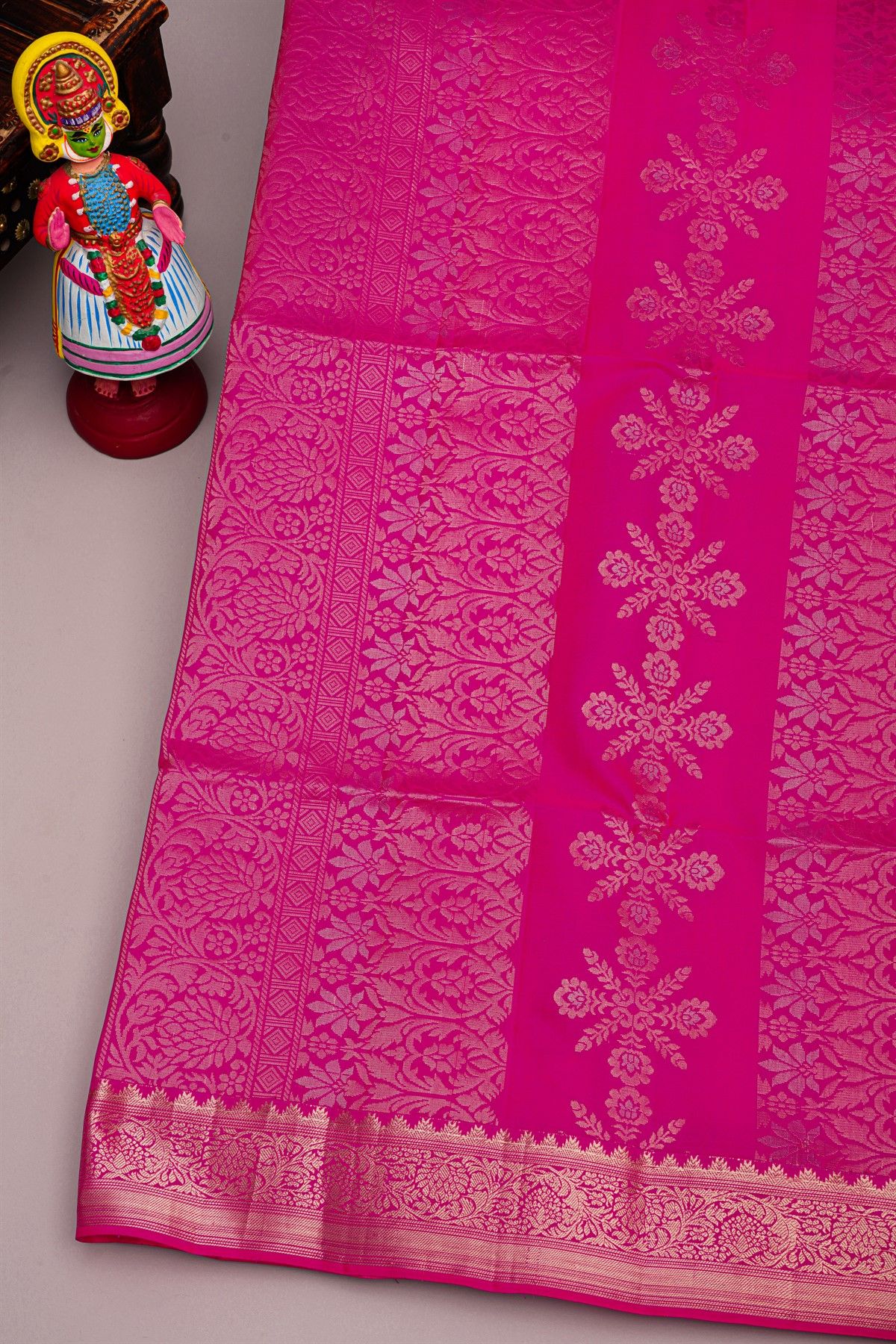 Coimbatore Silk Rani Pink Saree With Florals And Leaves Jaal Border