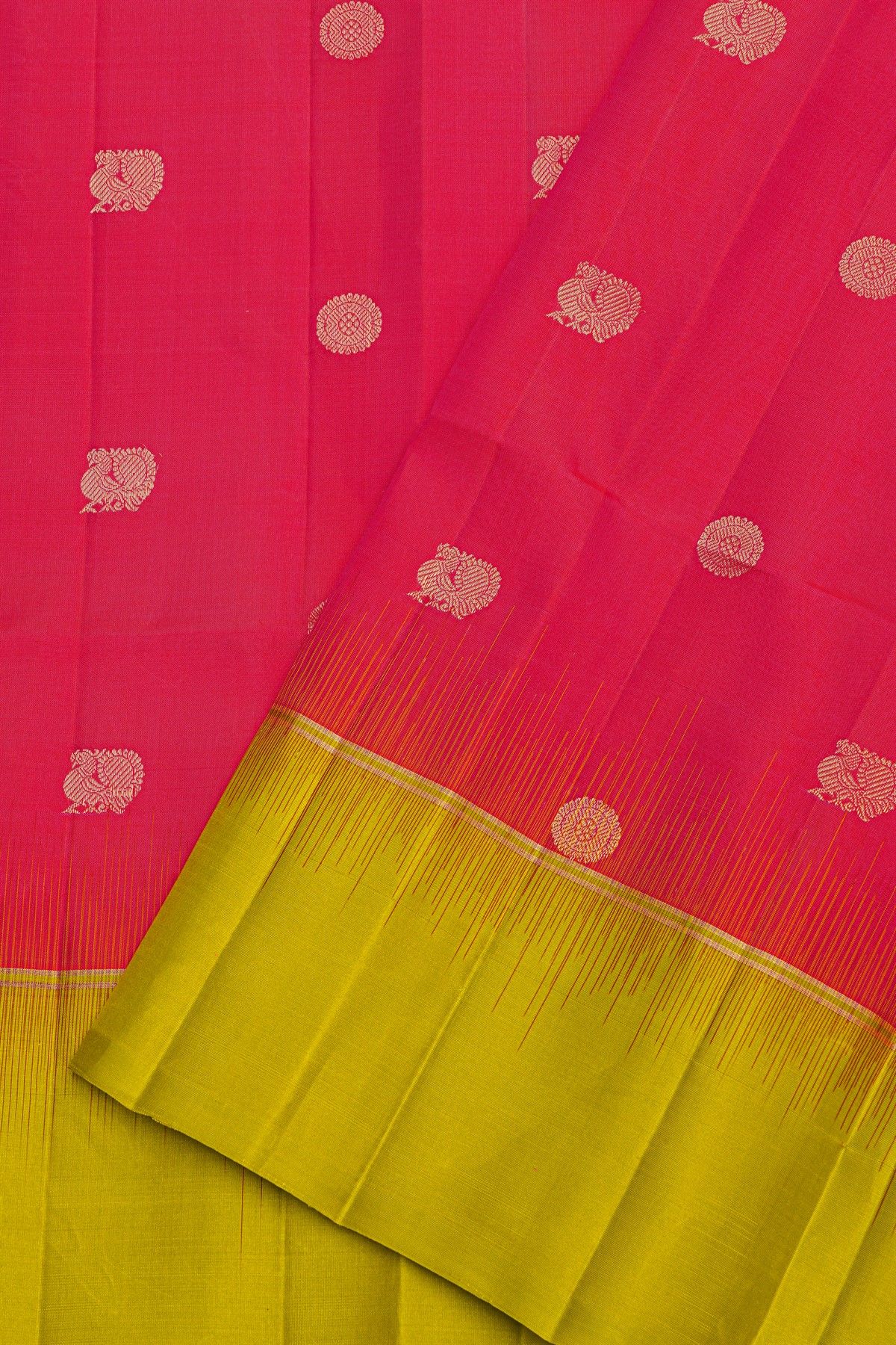 Coimbatore Silk Peach Pink Saree With Florals And Peacock Buttis Body