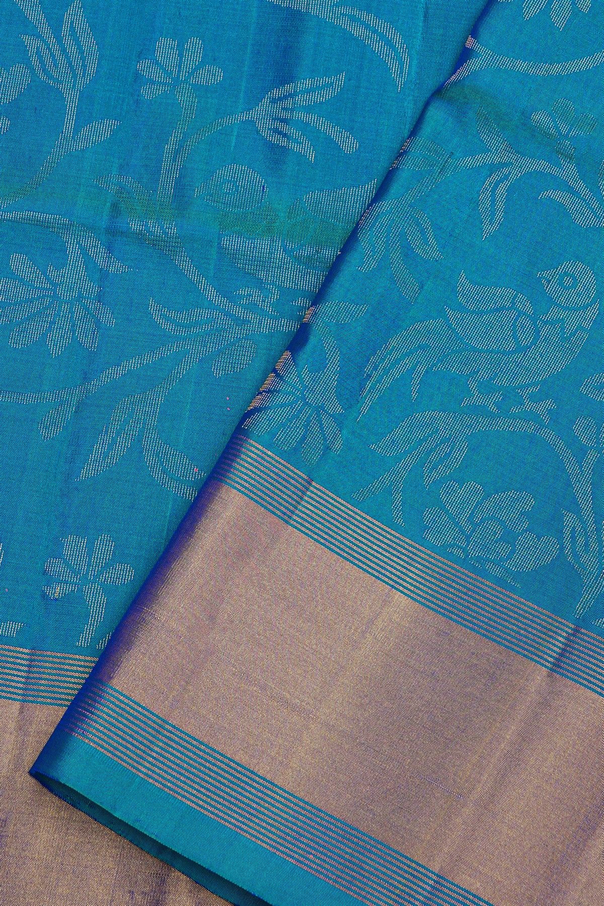 Coimbatore Silk Royal Blue Saree With Florals Jaal And Birds Body