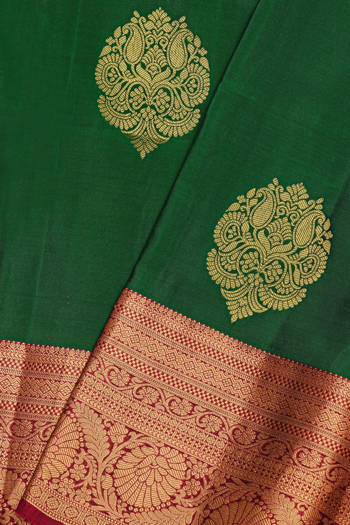 Coimbatore Silk Bottle Green Saree With Florals And Leaves Jaal Border