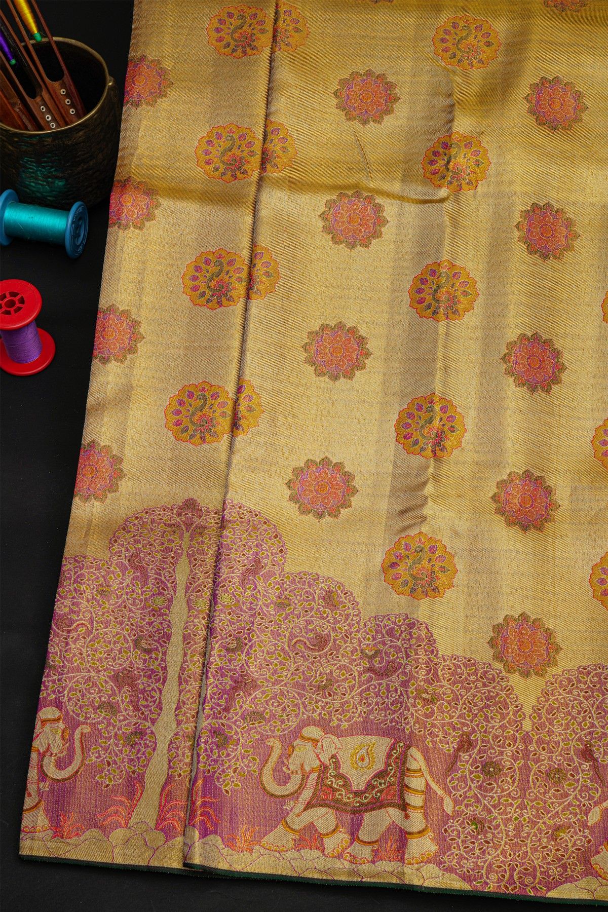 Kancheepuram Tissue Gold Meenakari Saree With Designer Elephants Border