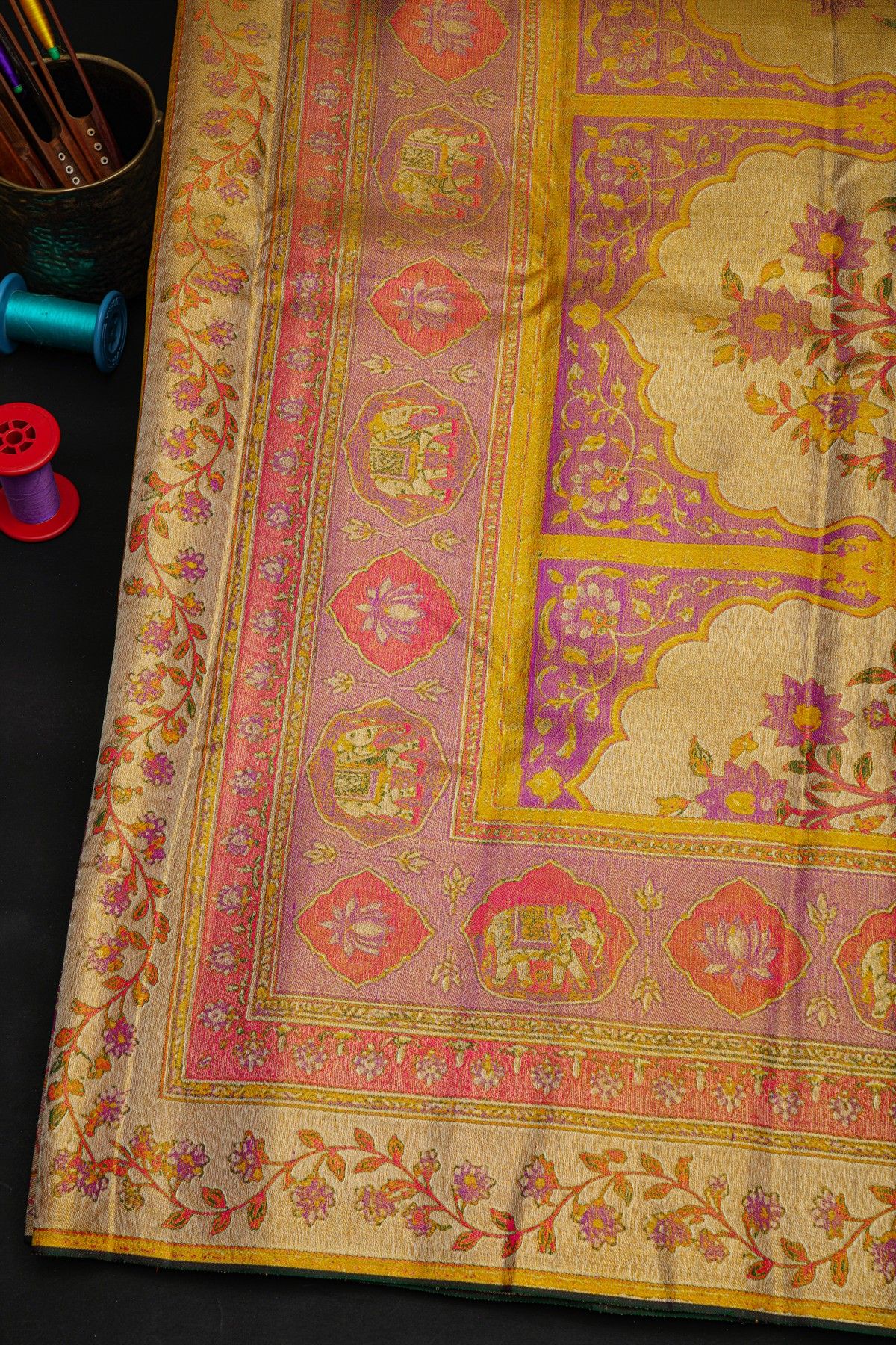 Kancheepuram Tissue Gold Meenakari Saree With Designer Elephants Border