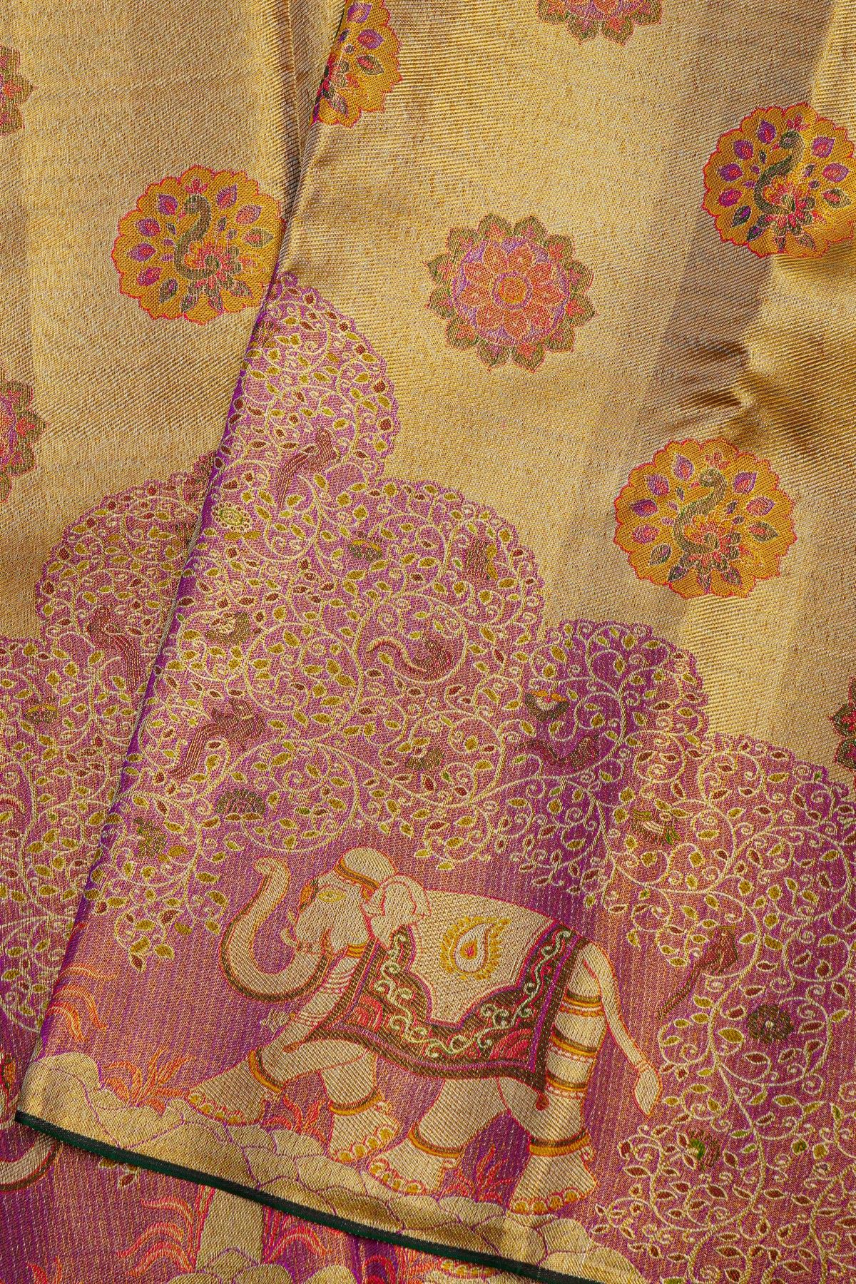Kancheepuram Tissue Gold Meenakari Saree With Designer Elephants Border