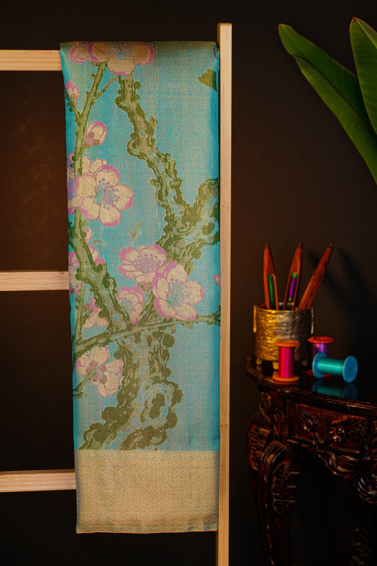Kancheepuram Silk Sky Blue Saree With Interlock Designer Digital Weaving Body