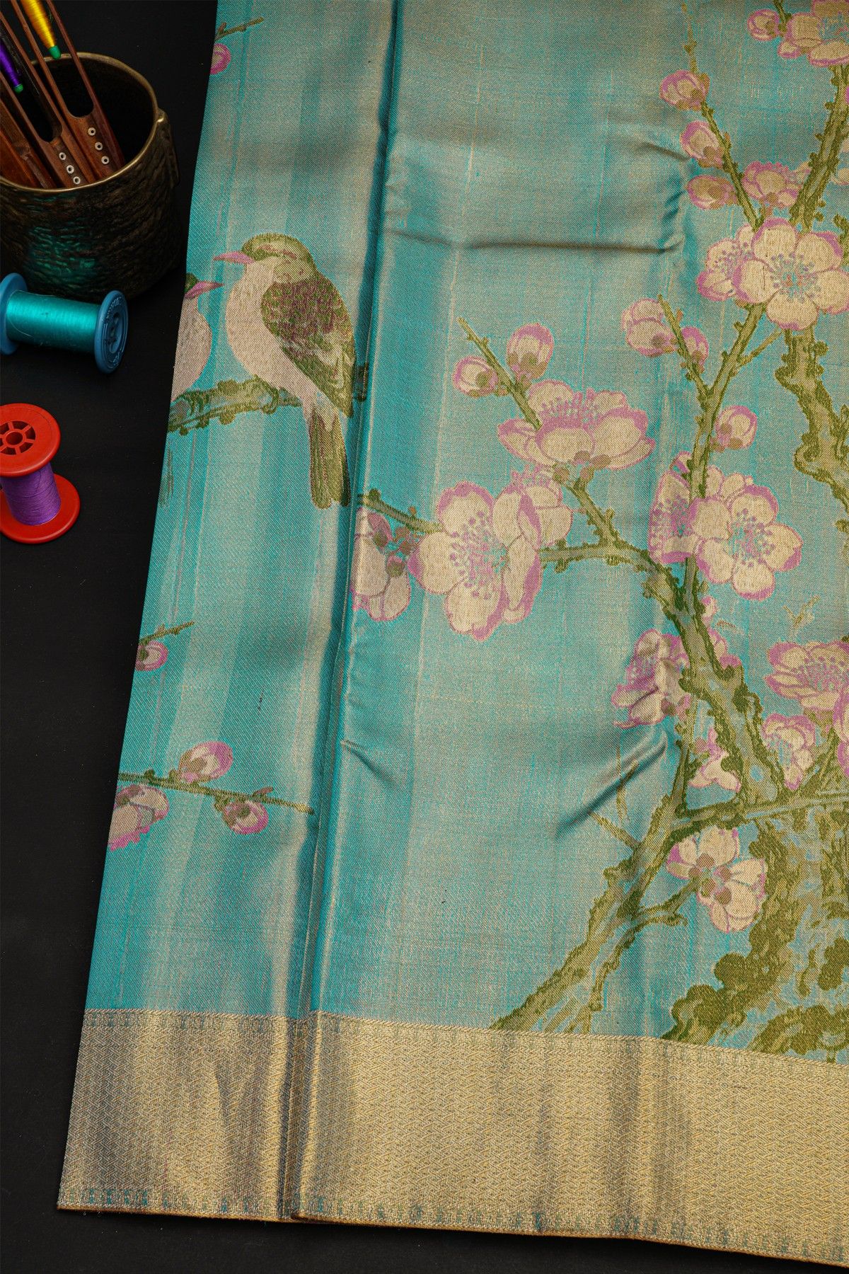 Kancheepuram Silk Sky Blue Saree With Interlock Designer Digital Weaving Body