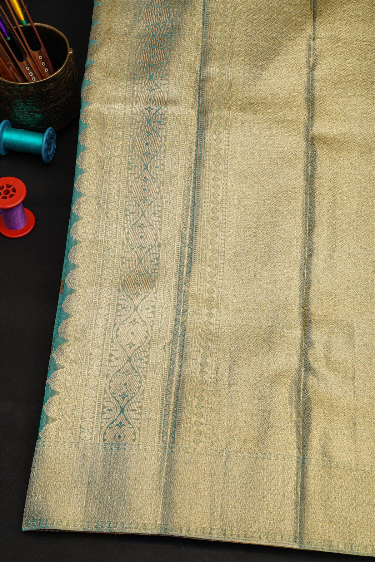 Kancheepuram Silk Sky Blue Saree With Interlock Designer Digital Weaving Body