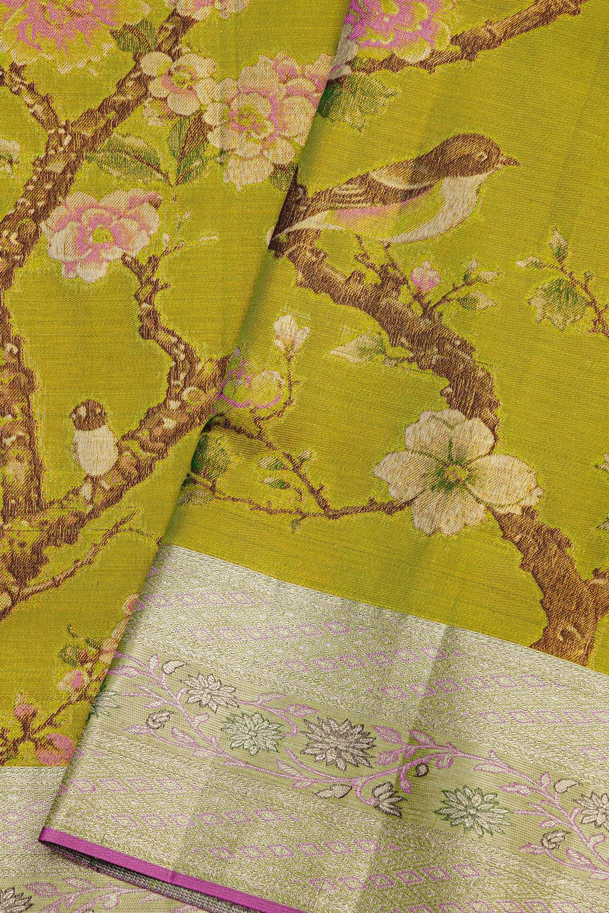 Kancheepuram Tissue Mehendi Green Saree With Florals And Leaves In Birds Body