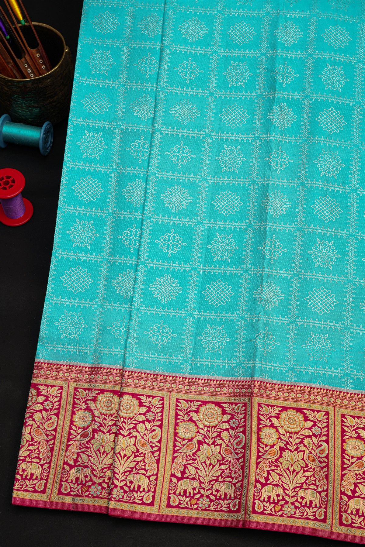 Kancheepuram Silk Sky Blue Saree With Florals And Leaves In Checks Body