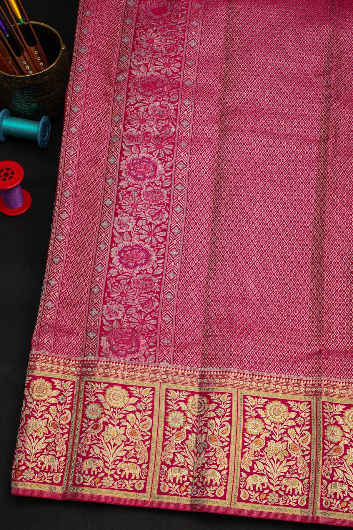 Kancheepuram Silk Sky Blue Saree With Florals And Leaves In Checks Body