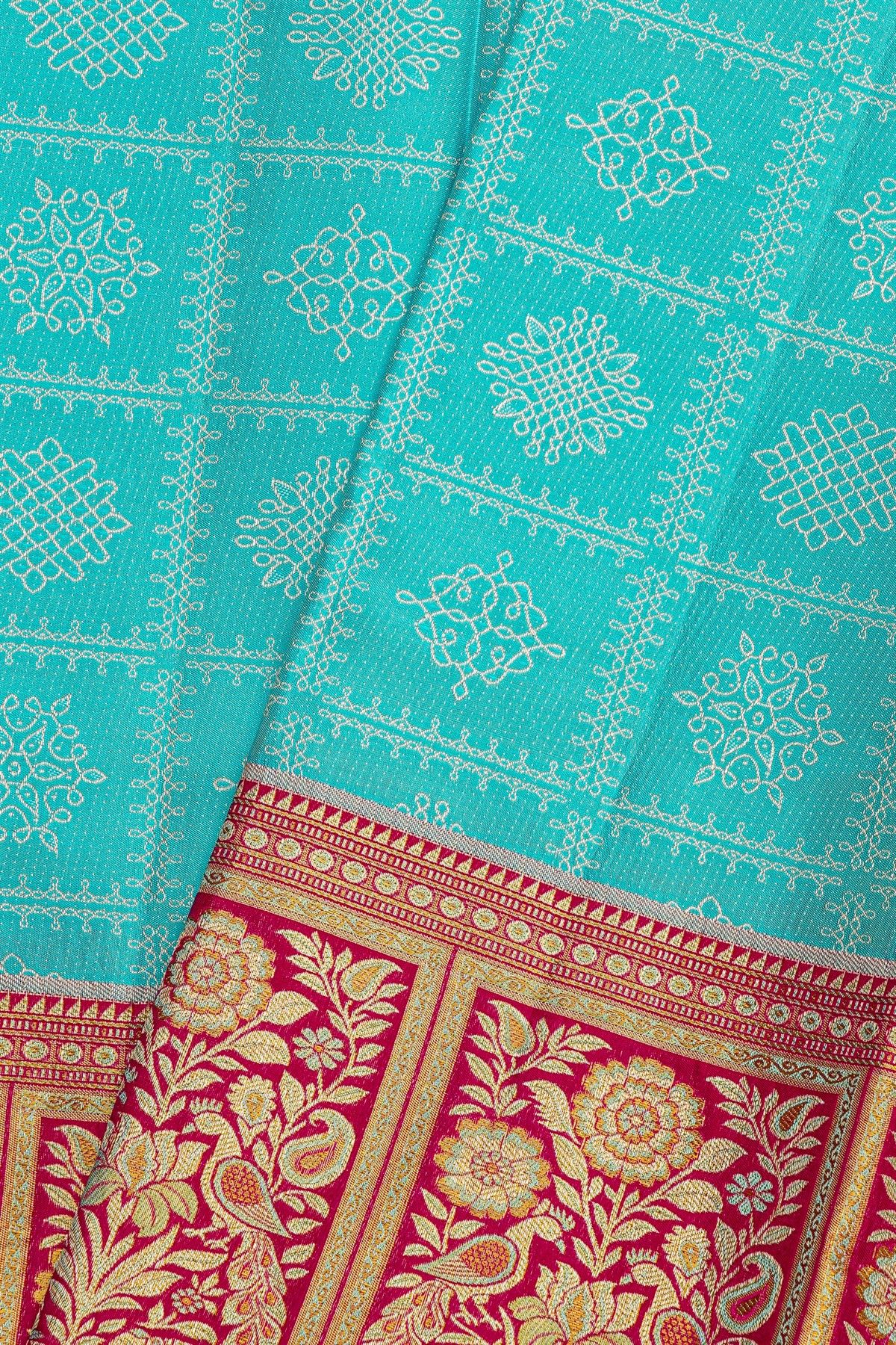 Kancheepuram Silk Sky Blue Saree With Florals And Leaves In Checks Body