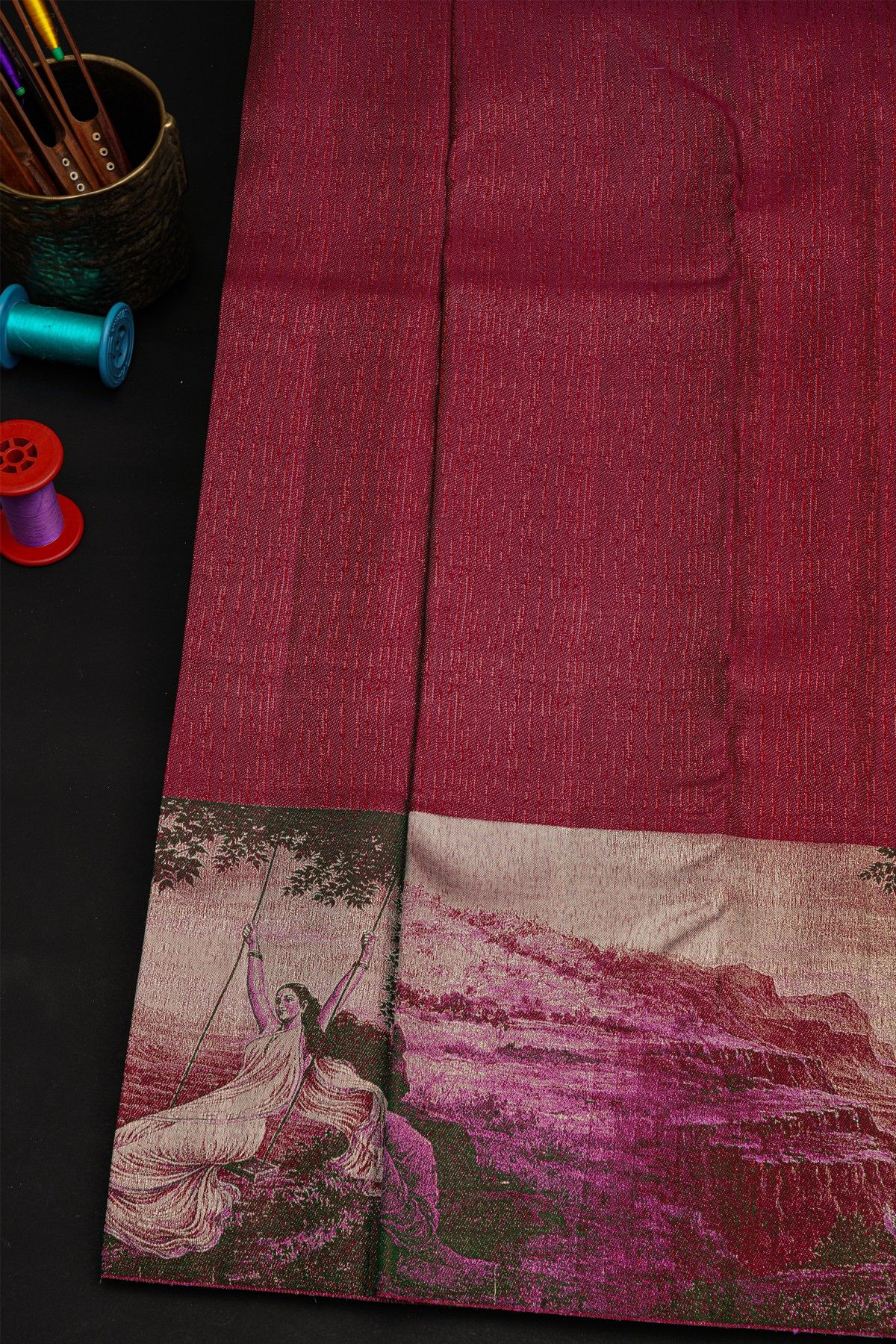 Kancheepuram Tissue Wine Colour All Over Human Motifs Border Embossed Weaving Saree