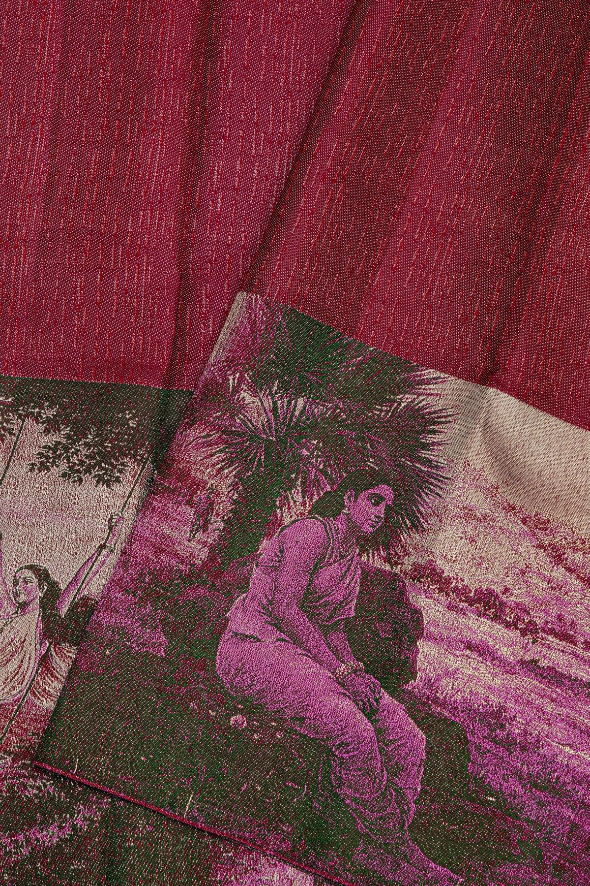 Kancheepuram Tissue Wine Colour All Over Human Motifs Border Embossed Weaving Saree