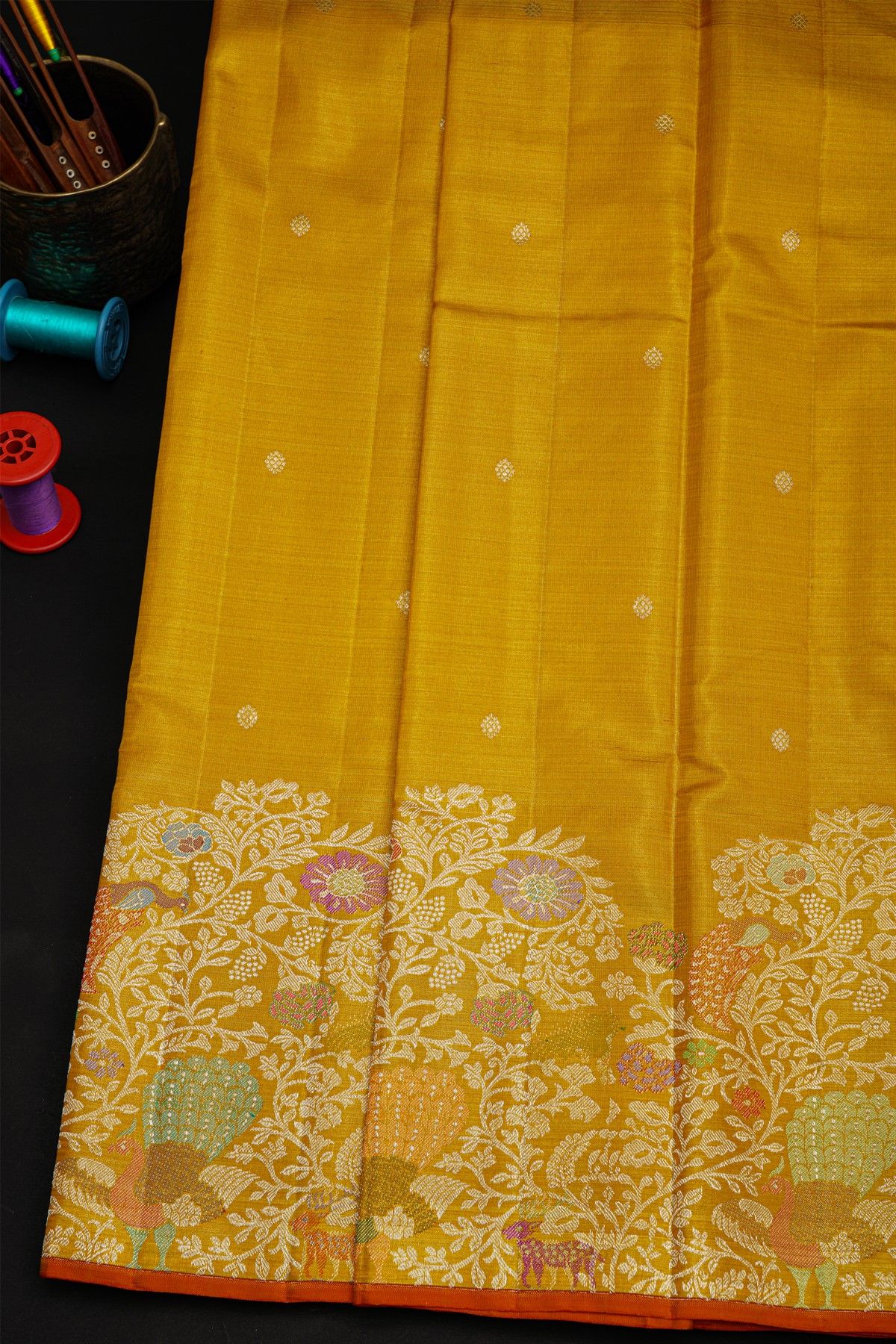 Kancheepuram Tissue Gold Saree With Silver Meenakari Designer
