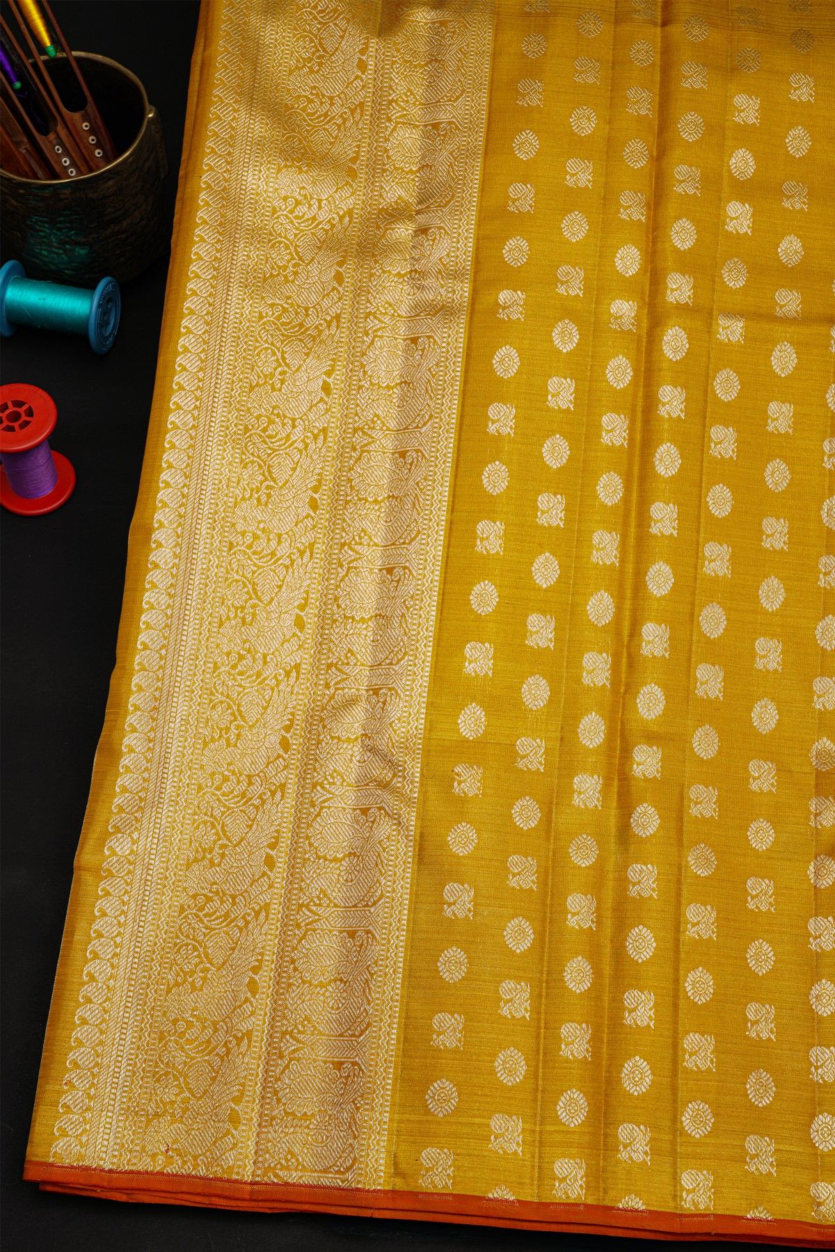 Kancheepuram Tissue Gold Saree With Silver Meenakari Designer