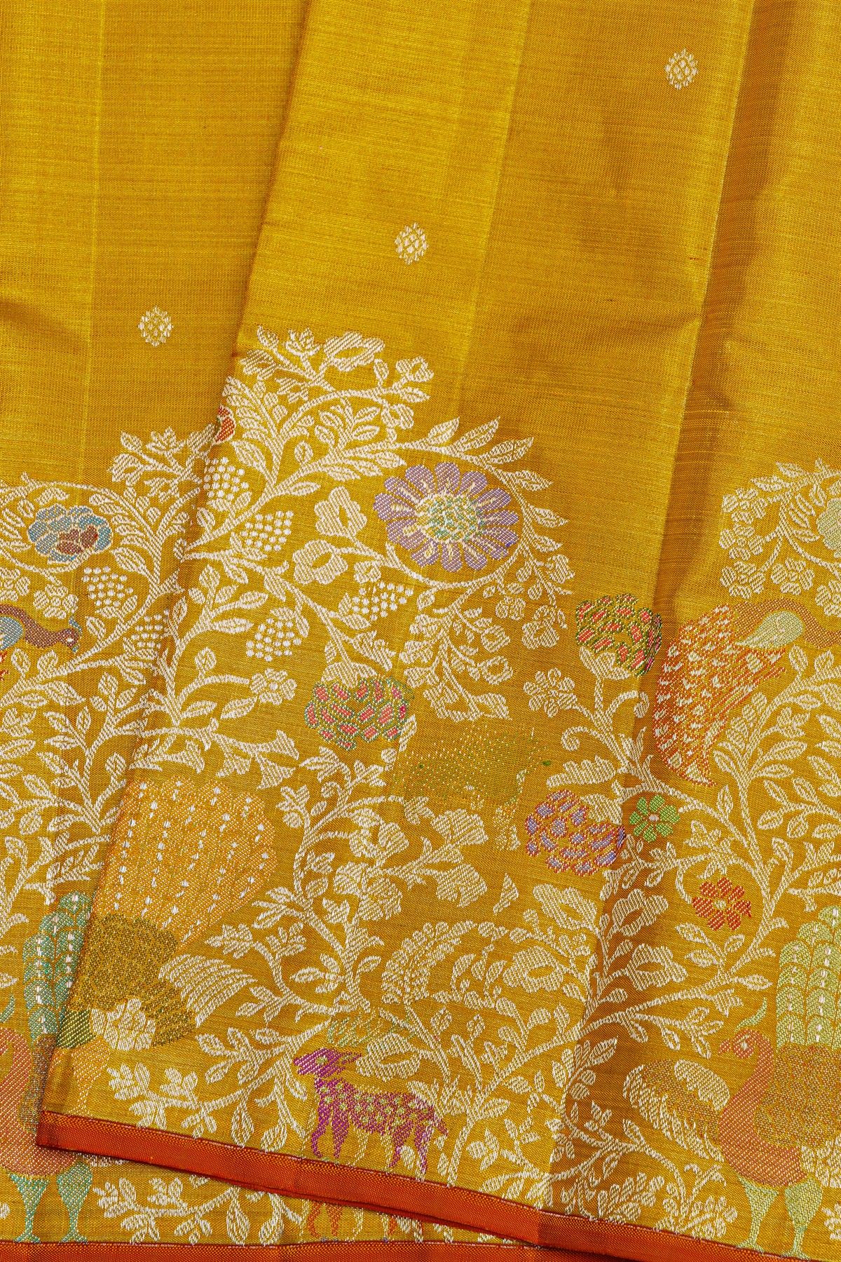Kancheepuram Tissue Gold Saree With Silver Meenakari Designer