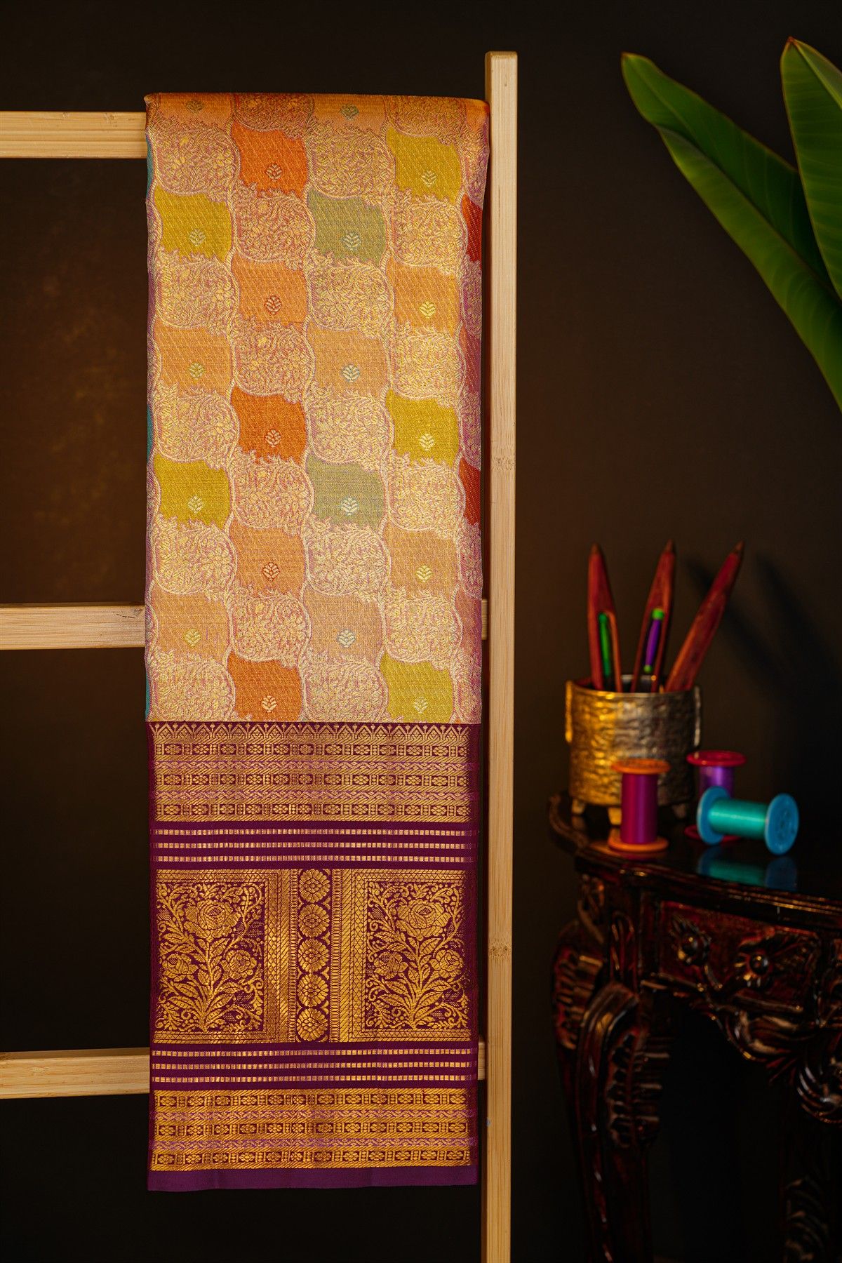 Kancheepuram Tissue Saree With Silver And Multi-Colour Weaving