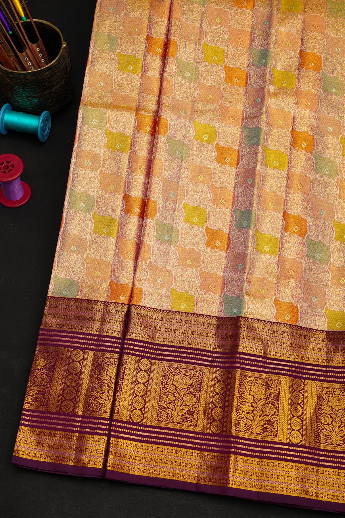 Kancheepuram Tissue Saree With Silver And Multi-Colour Weaving