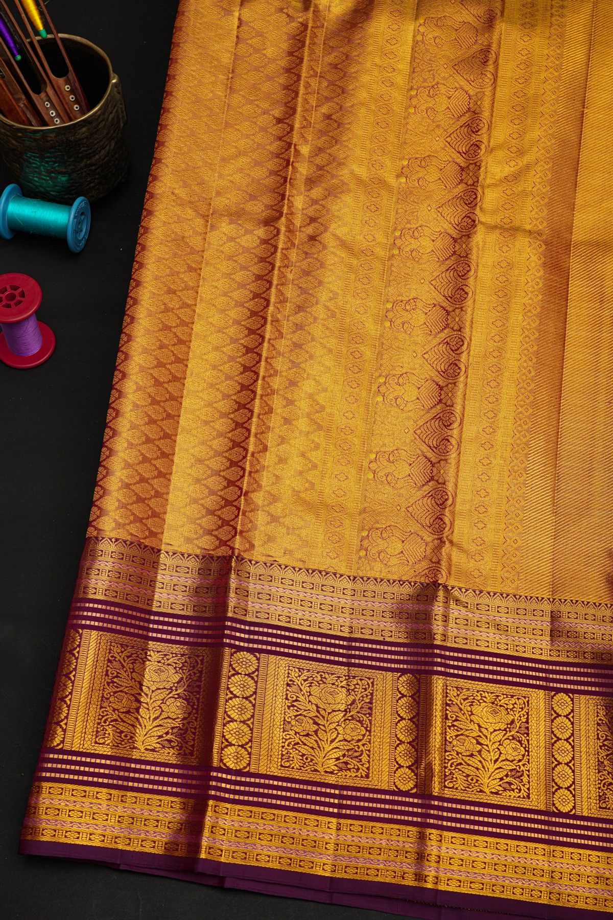 Kancheepuram Tissue Saree With Silver And Multi-Colour Weaving