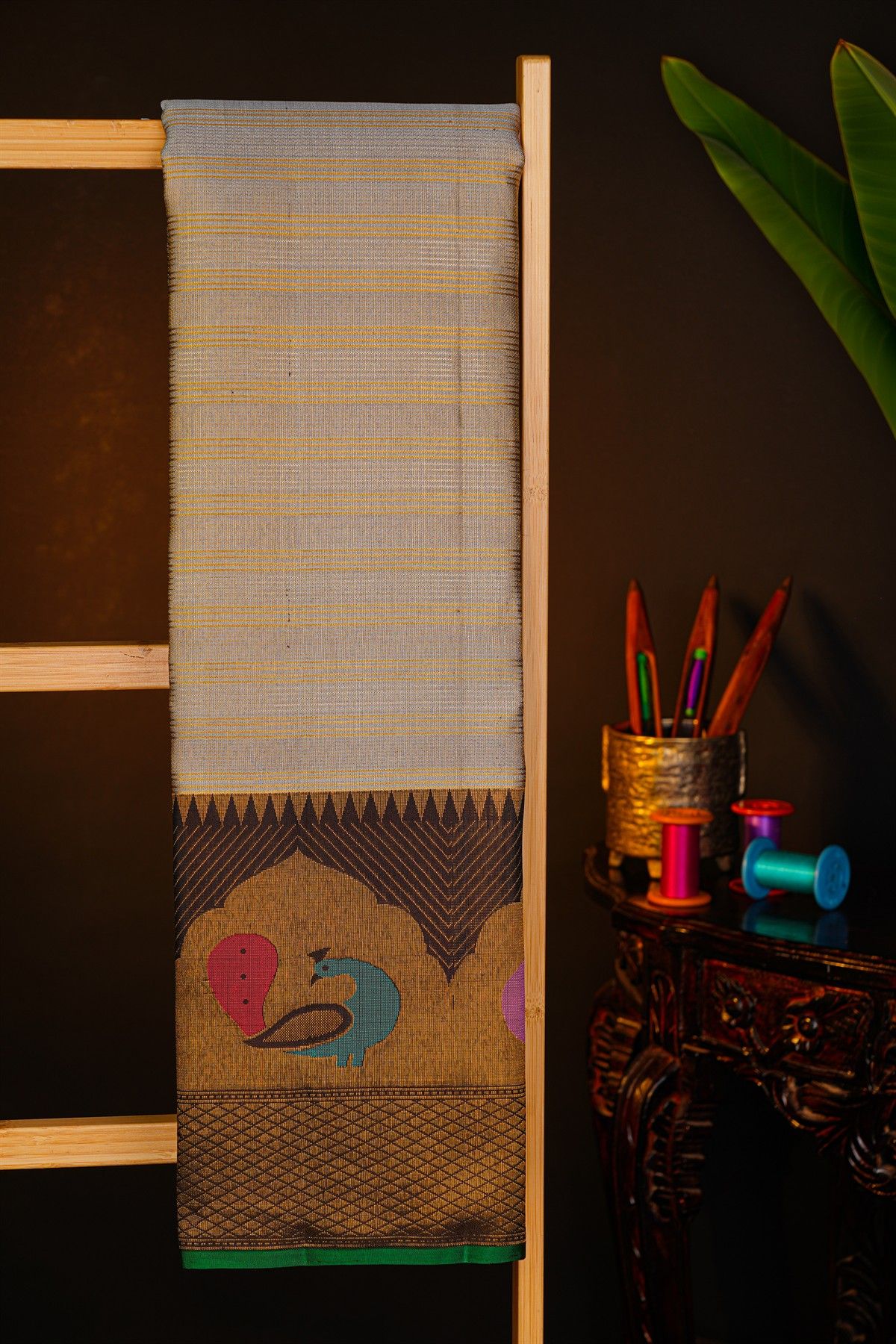 Kancheepuram Silk Grey Saree With Multi Colour Peacocks Border