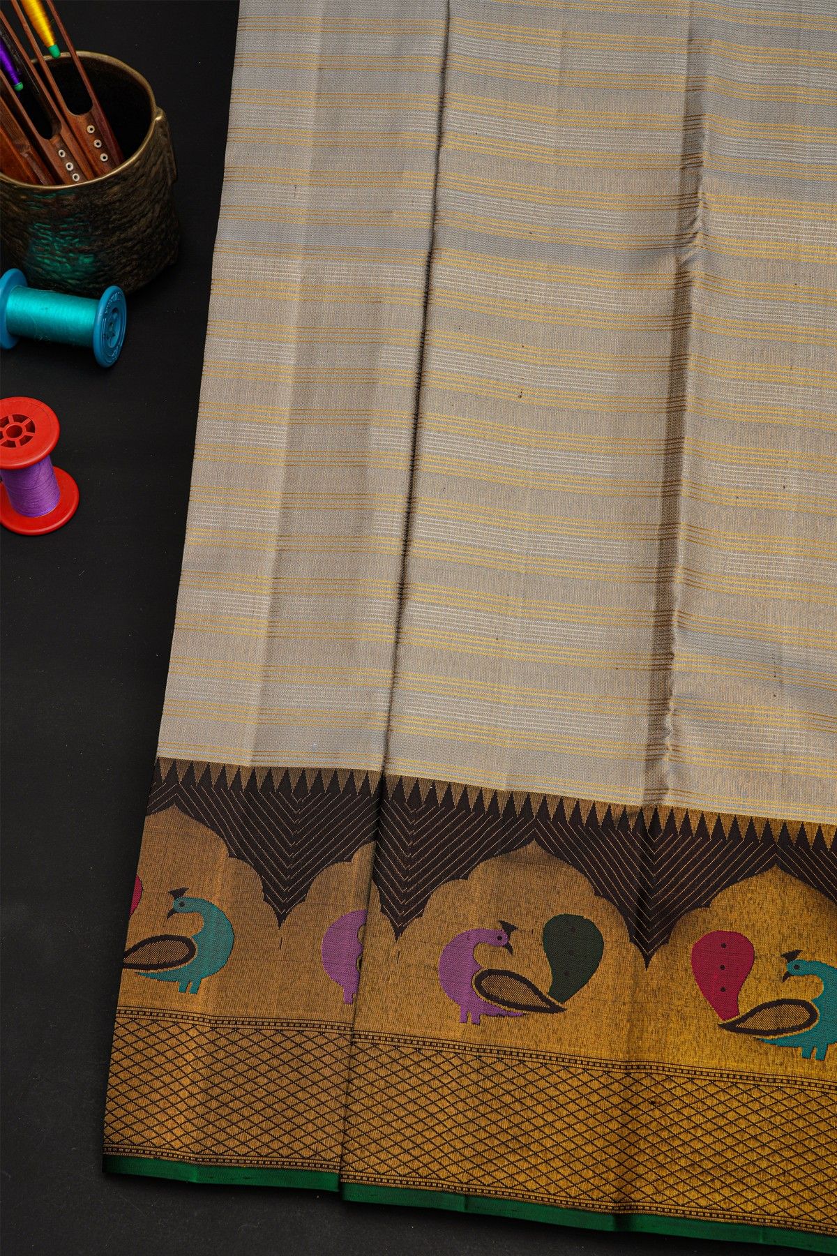 Kancheepuram Silk Grey Saree With Multi Colour Peacocks Border