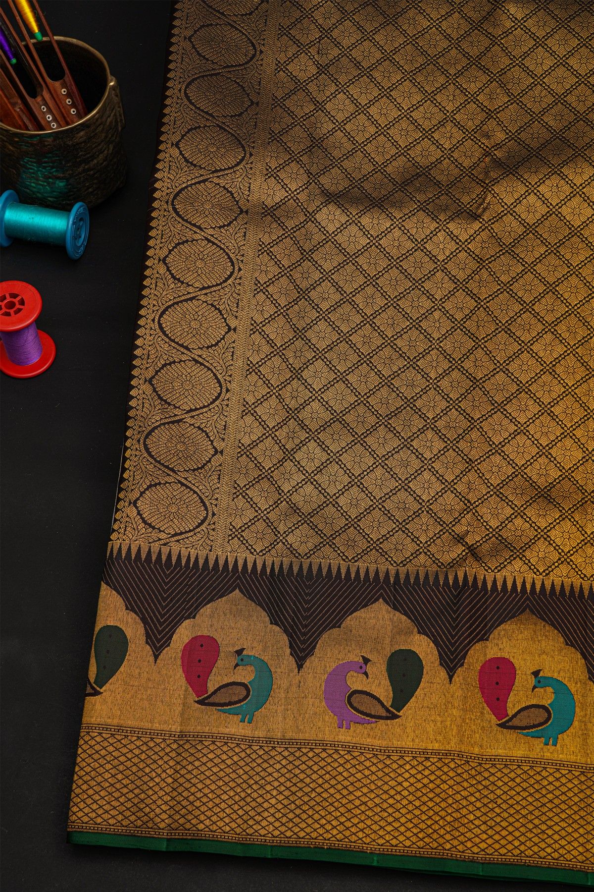 Kancheepuram Silk Grey Saree With Multi Colour Peacocks Border