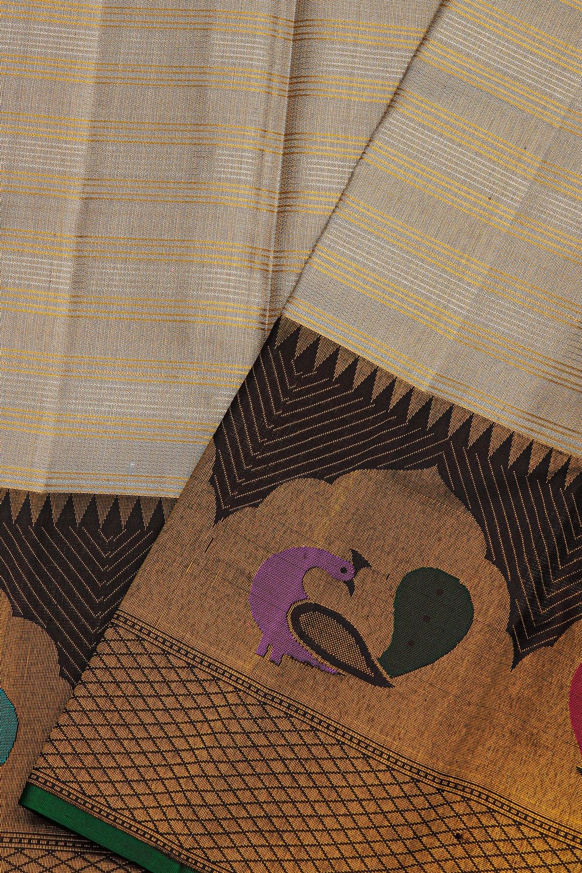 Kancheepuram Silk Grey Saree With Multi Colour Peacocks Border