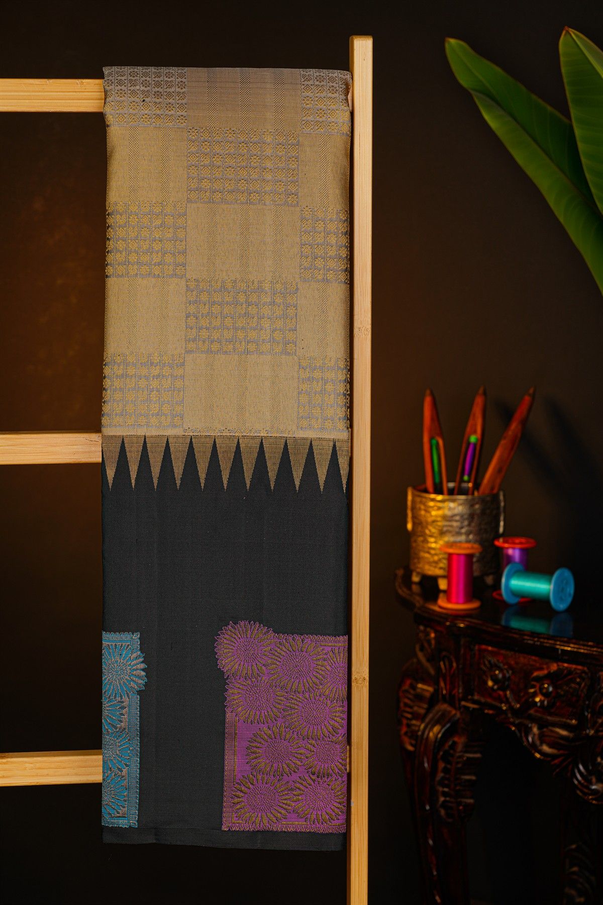 Kancheepuram Silk Cream Saree With Multi Colour Thread Weaving Border
