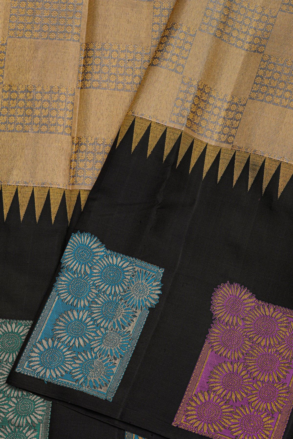 Kancheepuram Silk Cream Saree With Multi Colour Thread Weaving Border