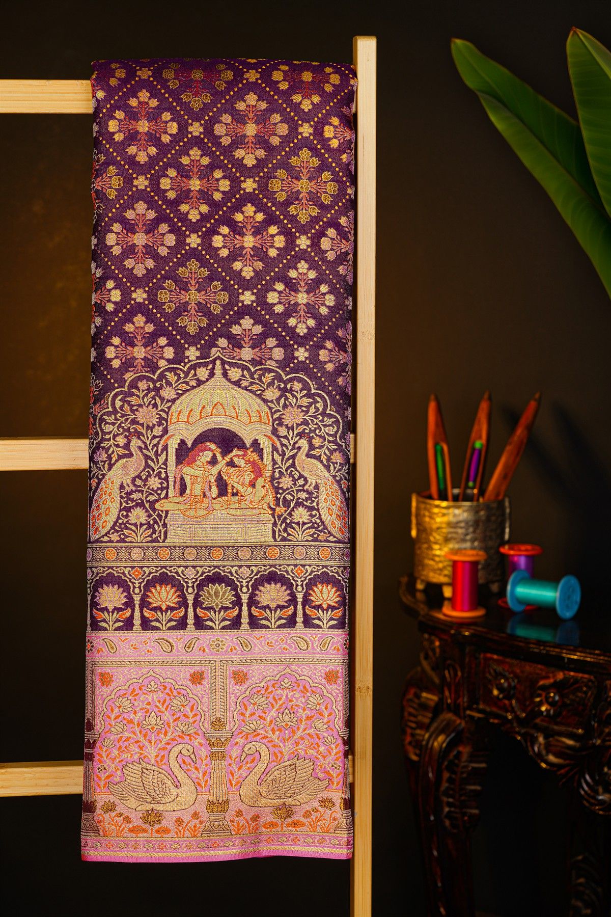 Kancheepuram Tissue Violet Saree With Florals Swans And Human Motifs Meenakari Border