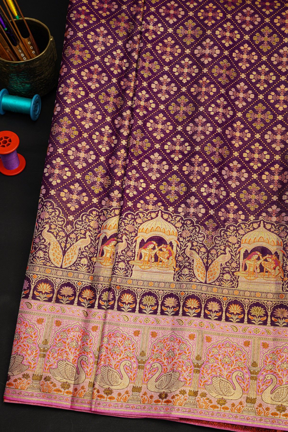 Kancheepuram Tissue Violet Saree With Florals Swans And Human Motifs Meenakari Border