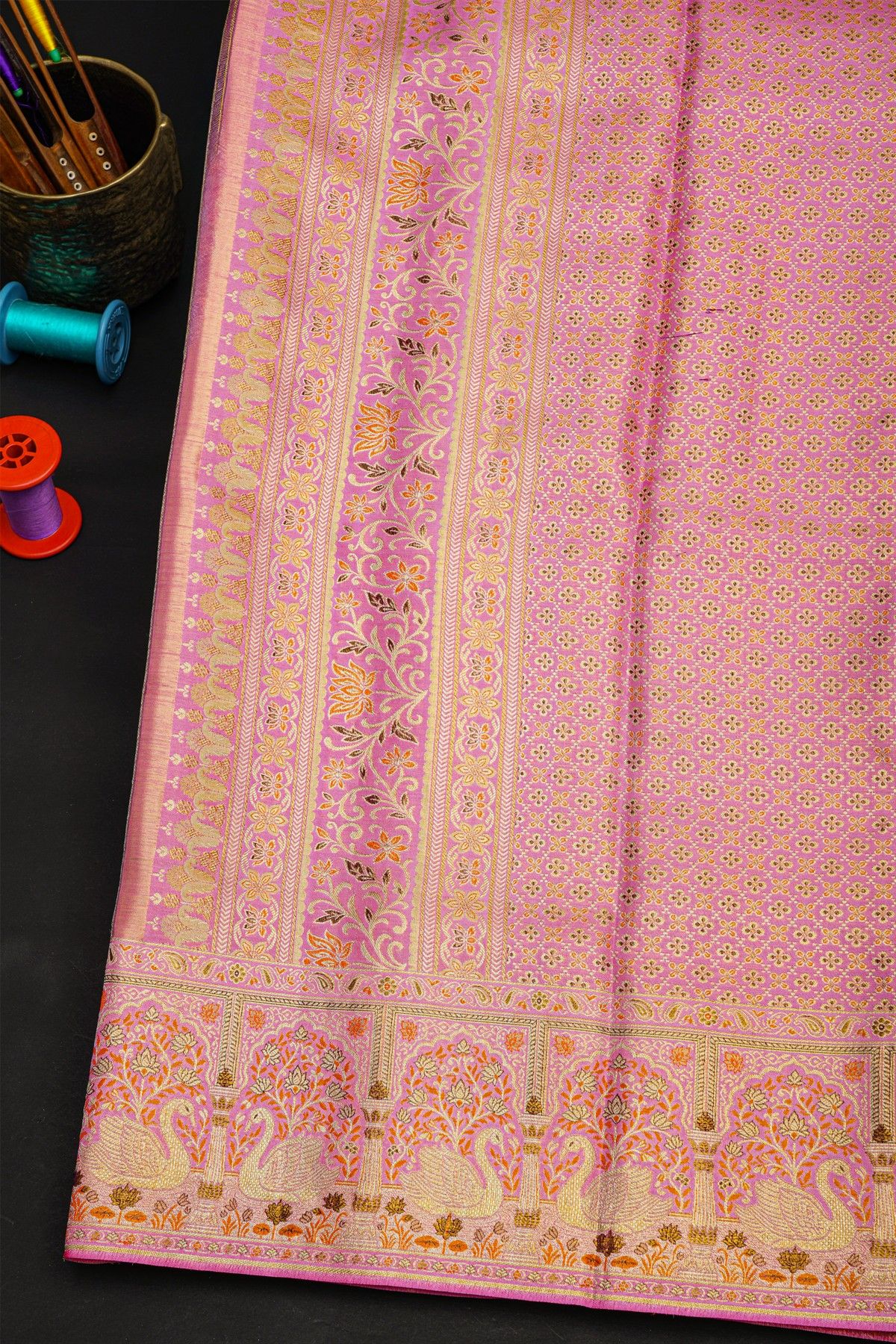 Kancheepuram Tissue Violet Saree With Florals Swans And Human Motifs Meenakari Border