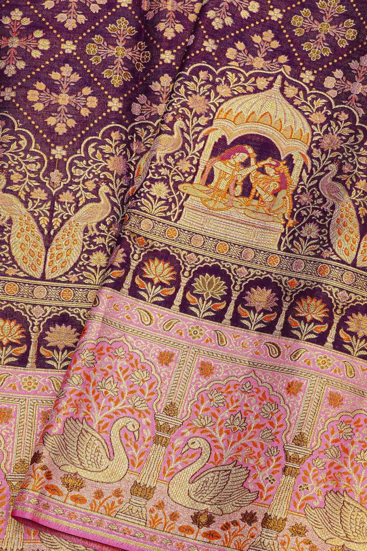 Kancheepuram Tissue Violet Saree With Florals Swans And Human Motifs Meenakari Border