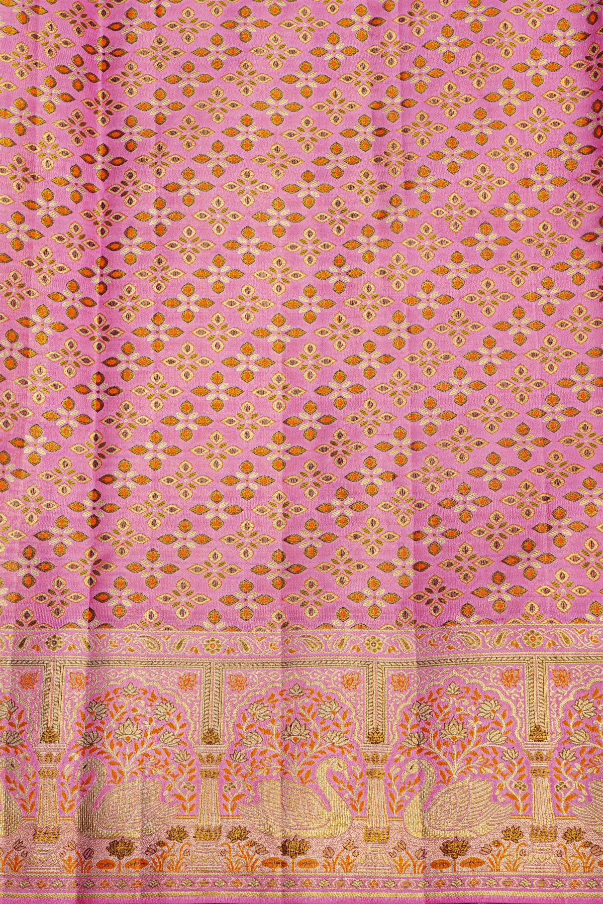 Kancheepuram Tissue Violet Saree With Florals Swans And Human Motifs Meenakari Border