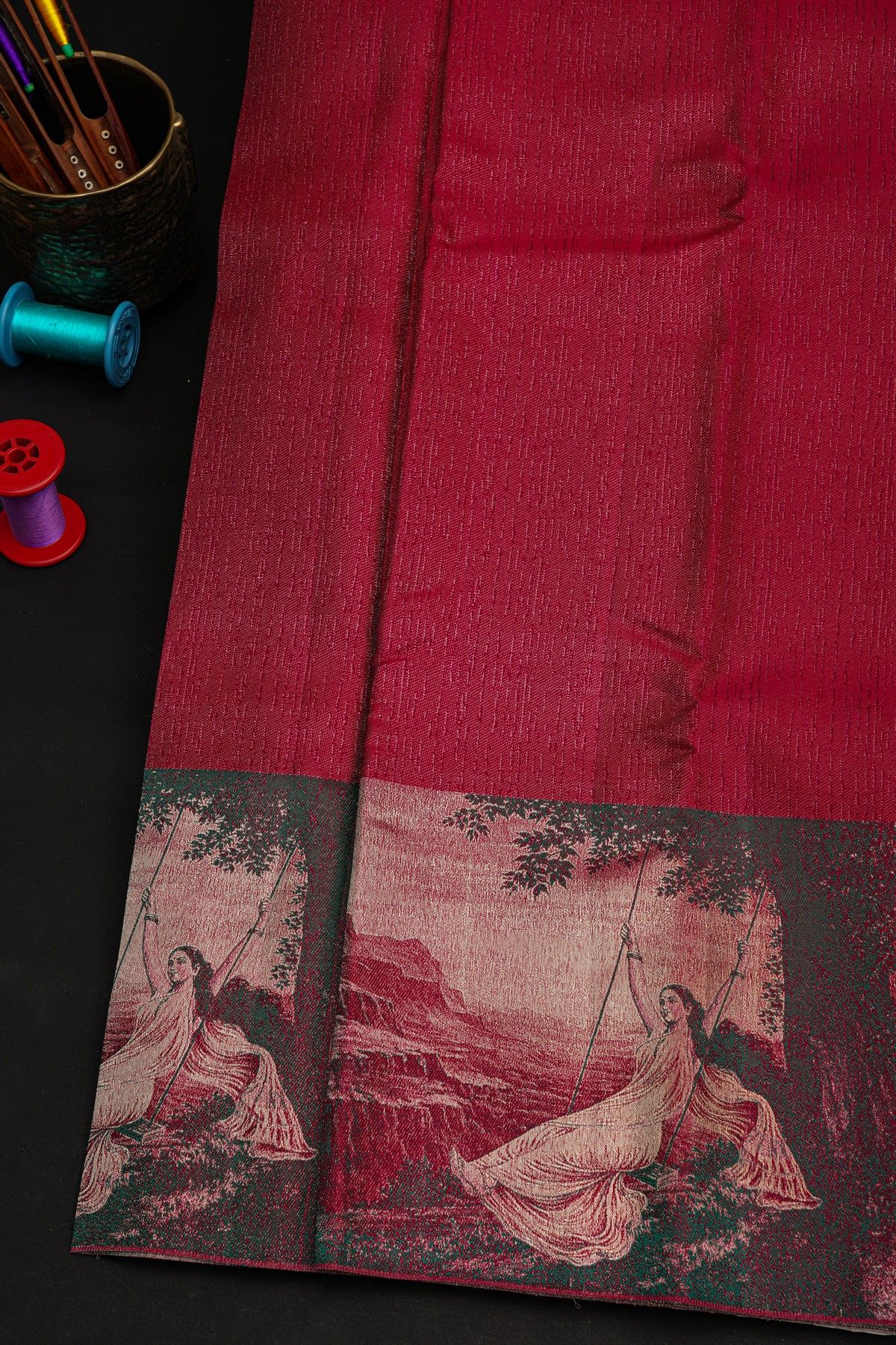 Kancheepuram Silk Wine Colour Saree With Florals And Human Motifs Border