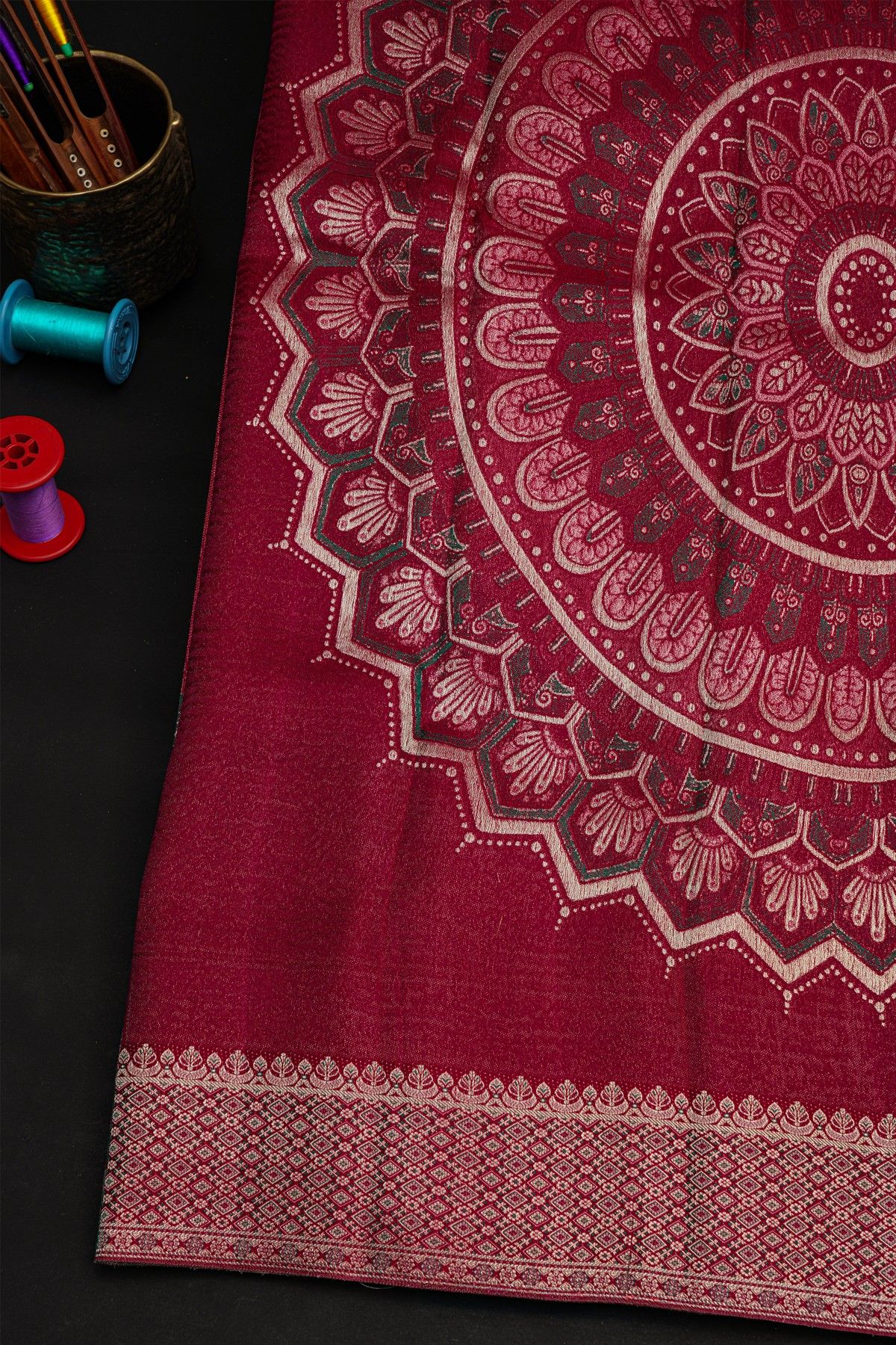 Kancheepuram Silk Wine Colour Saree With Florals And Human Motifs Border