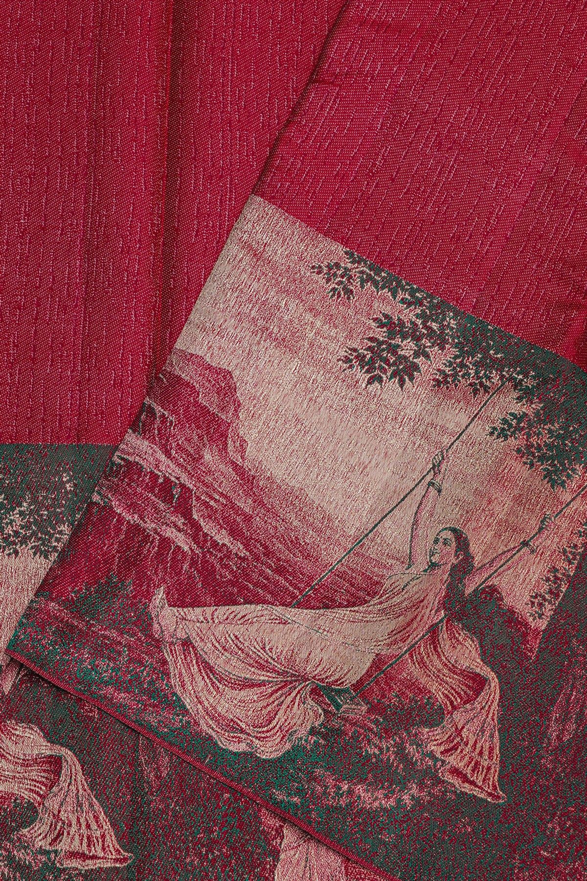 Kancheepuram Silk Wine Colour Saree With Florals And Human Motifs Border