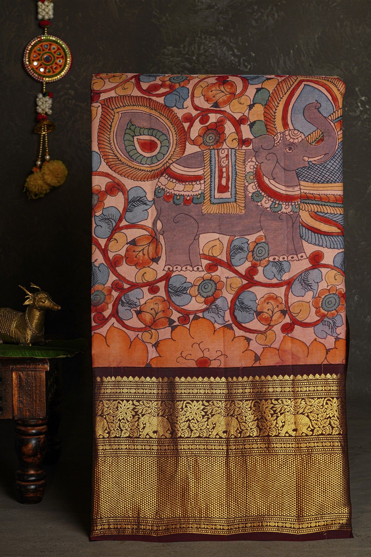 Kalamkari Silk Blue Saree With Elephants In Kalamkari Hand Painted Body