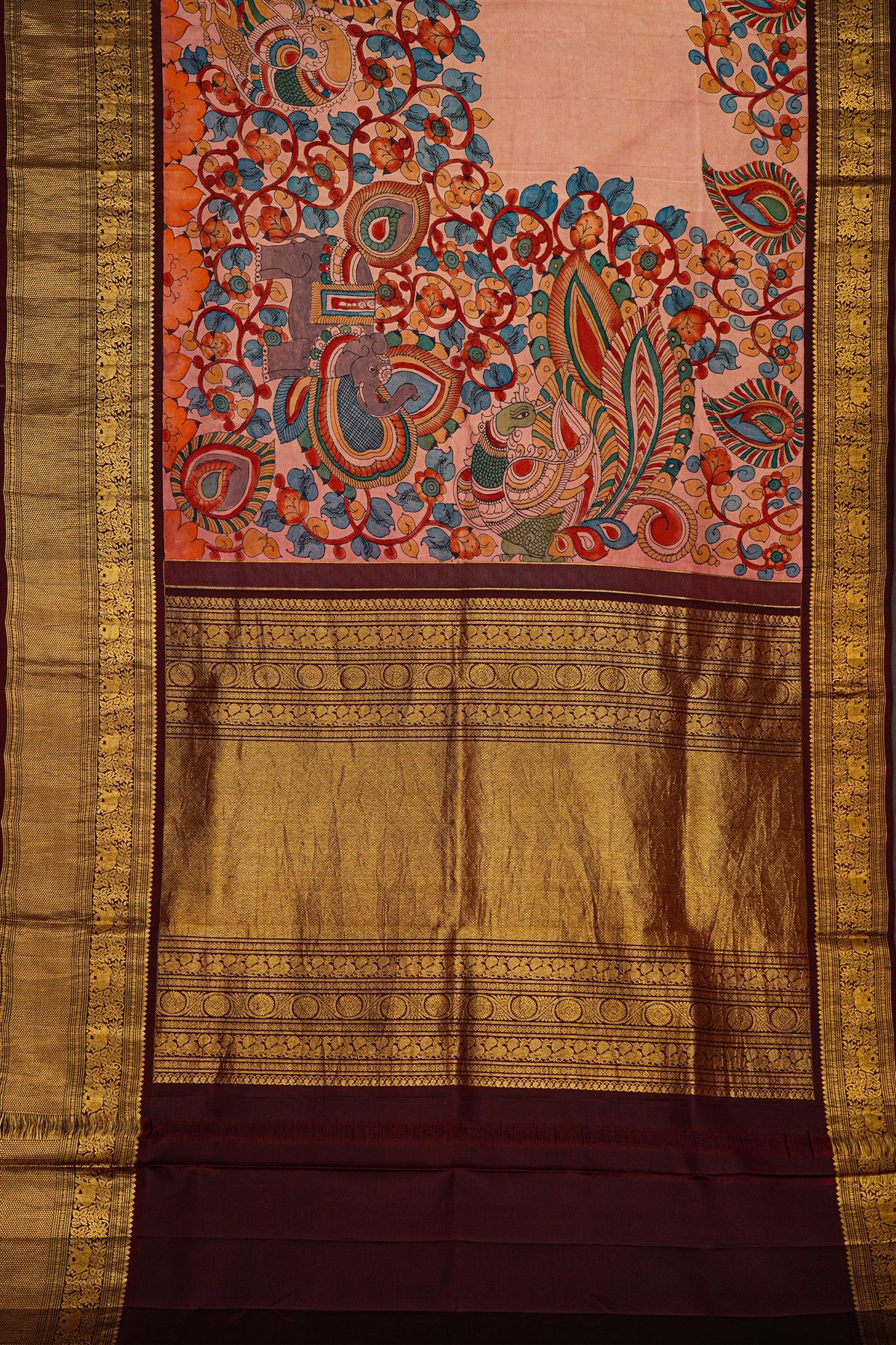 Kalamkari Silk Blue Saree With Elephants In Kalamkari Hand Painted Body
