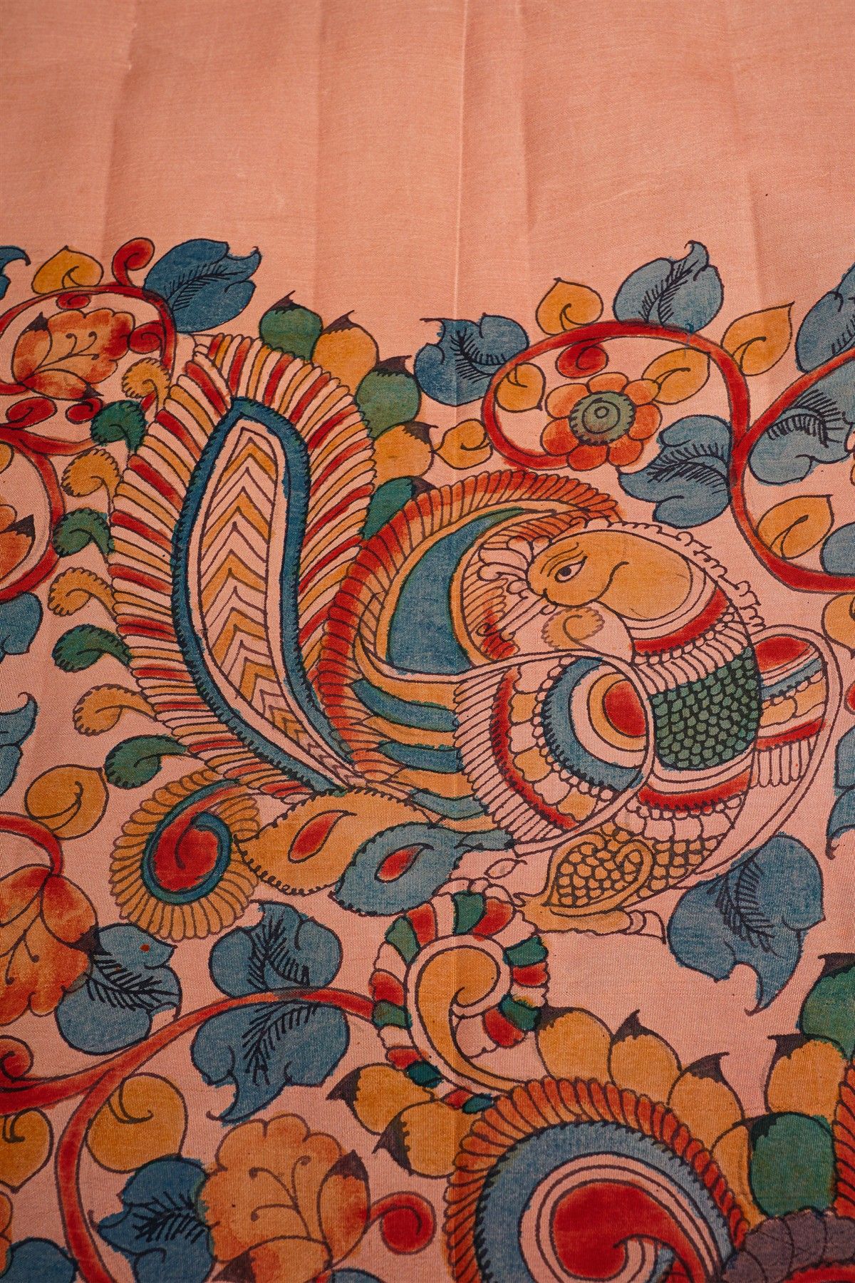 Kalamkari Silk Blue Saree With Elephants In Kalamkari Hand Painted Body