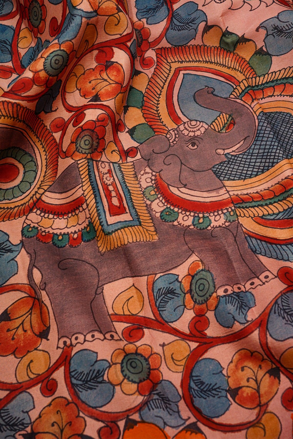 Kalamkari Silk Blue Saree With Elephants In Kalamkari Hand Painted Body
