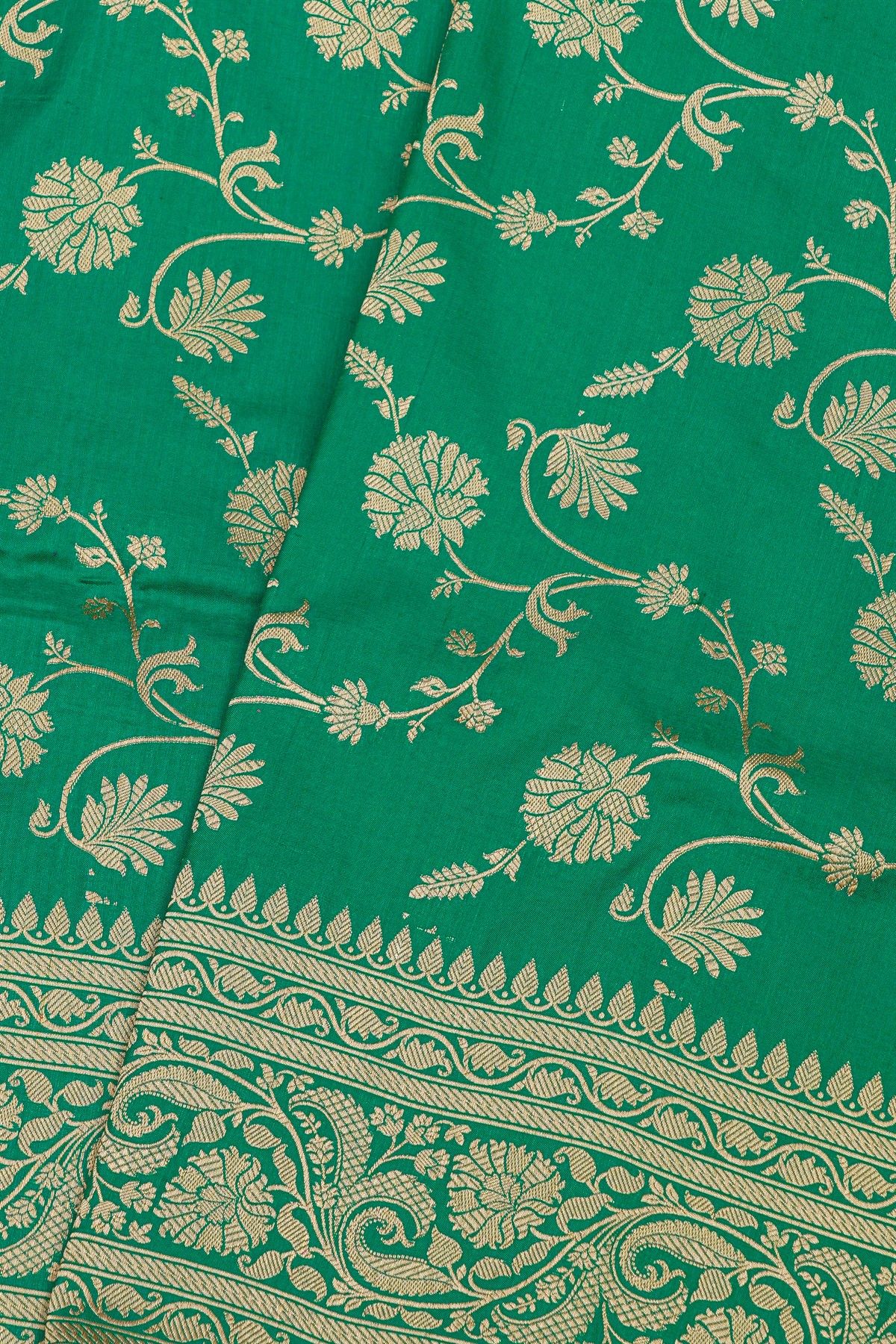 Banarasi Silk Leaf Green Saree With Florals And Leaves Jaal Border