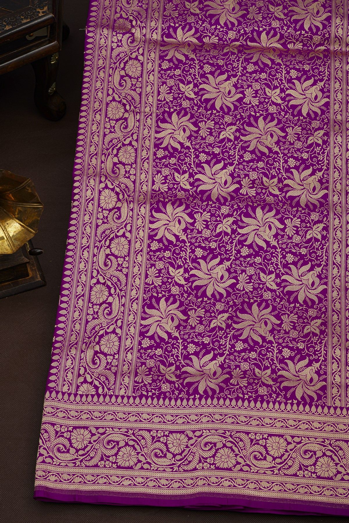 Banarasi Silk Dark Violet Saree With Florals And Leaves Jaal Border