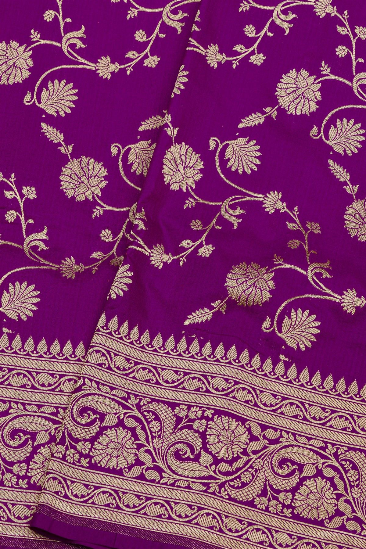 Banarasi Silk Dark Violet Saree With Florals And Leaves Jaal Border