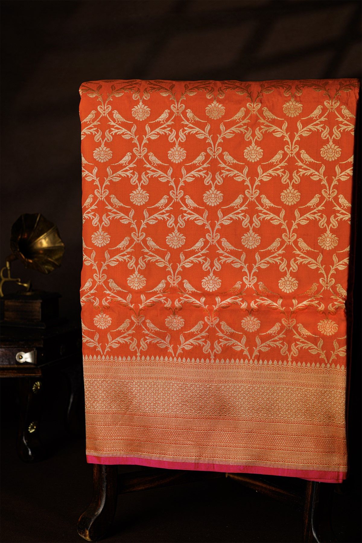 Banarasi Silk Orange Saree With Florals And Leaves Jaal Border