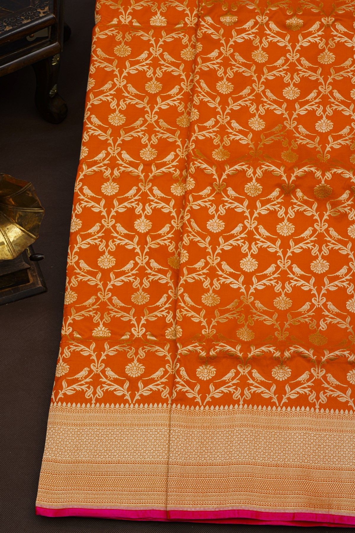 Banarasi Silk Orange Saree With Florals And Leaves Jaal Border
